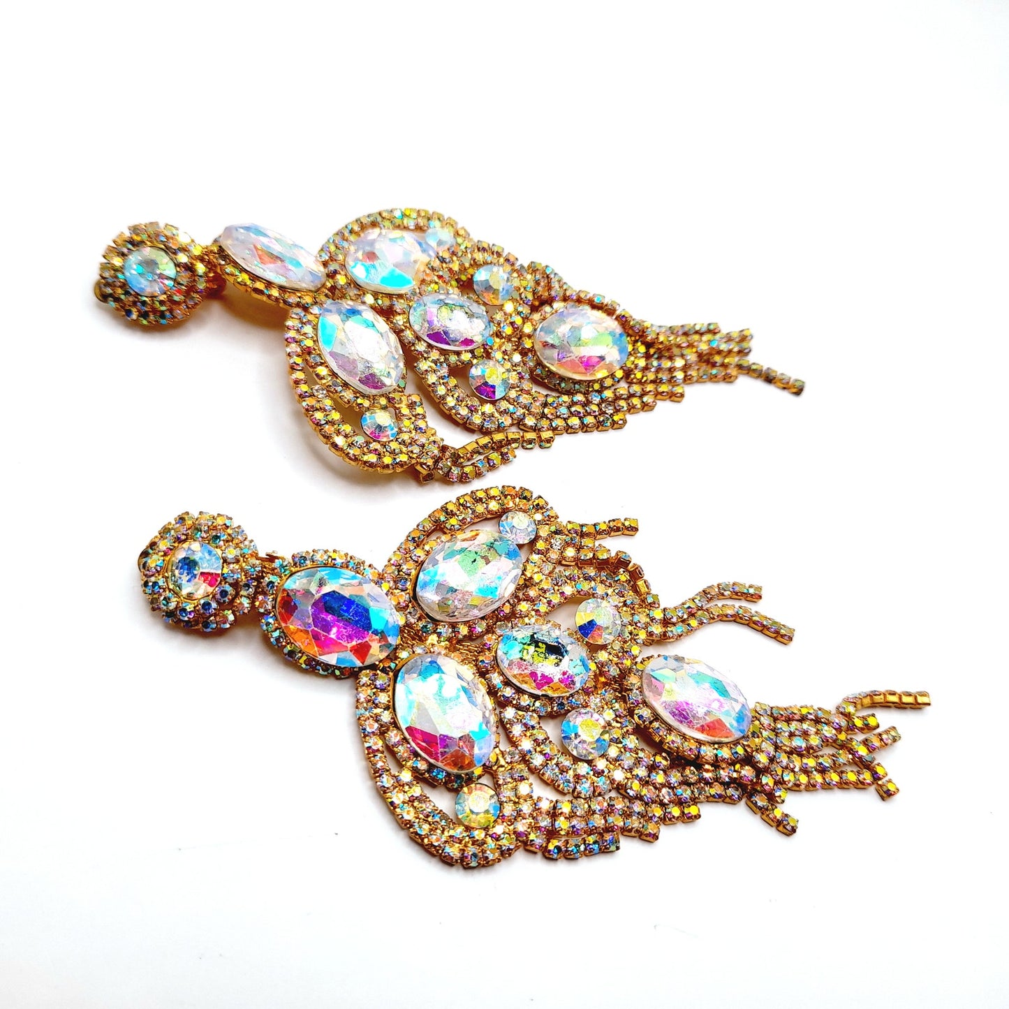 Runway Aurora Borealis Rhinestone Clip Earrings – Gold Tone Statement Jewelry