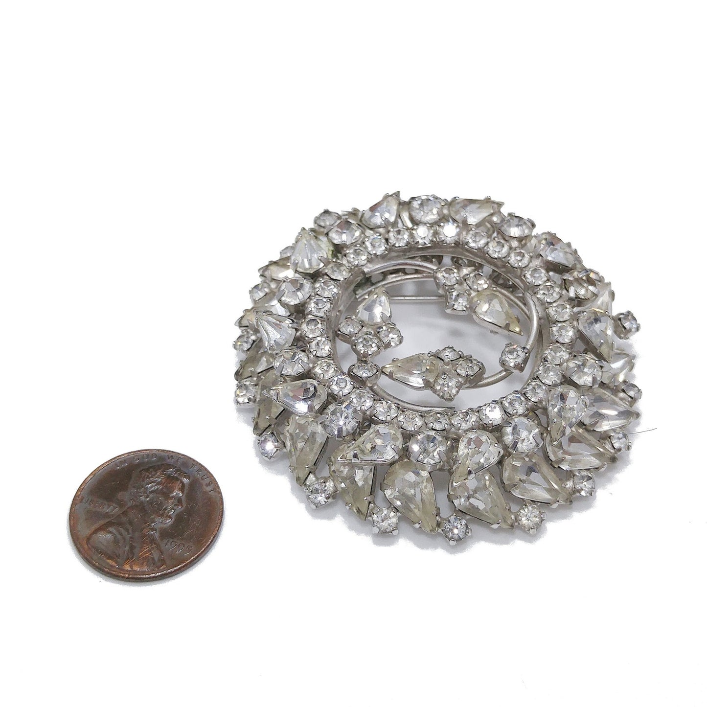 Vintage Clear Rhinestone 2 Tiered Brooch, Wedding Jewelry, Rhodium Plated, 1960s Vintage Jewelry