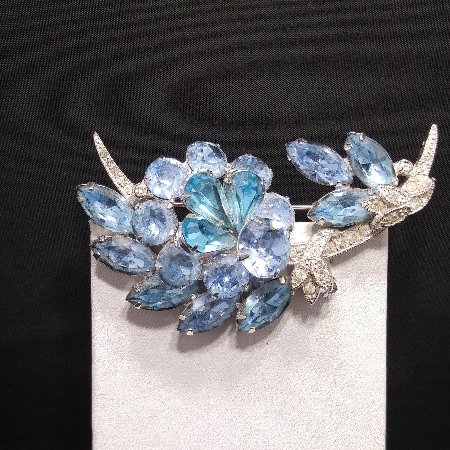 Eisenberg Ice Blue Rhinestone Brooch, Rhodium Plated, 1960s Vintage Jewelry
