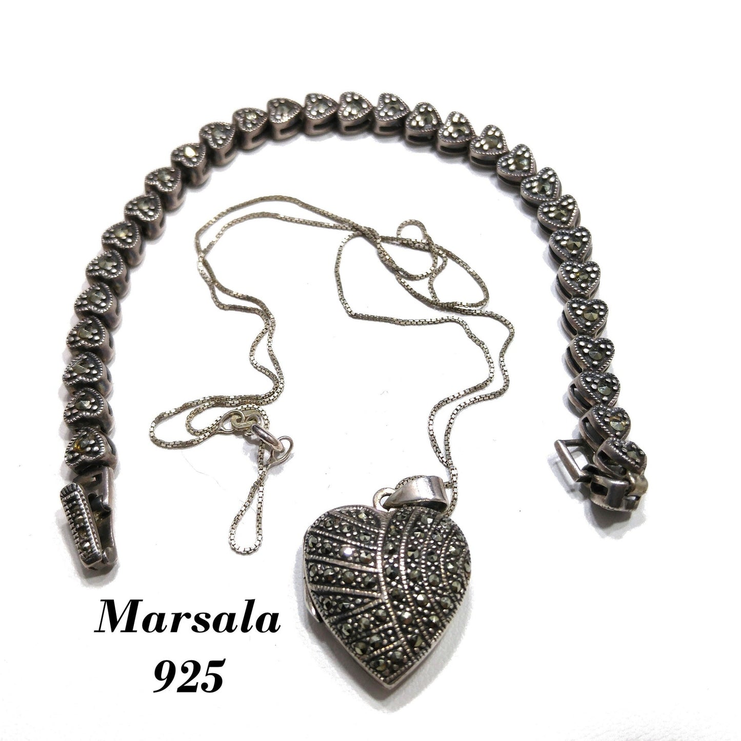 Marsala Silver Heart Locket Necklace & Bracelet, 925 Box Chain, 1980s Vintage Jewelry