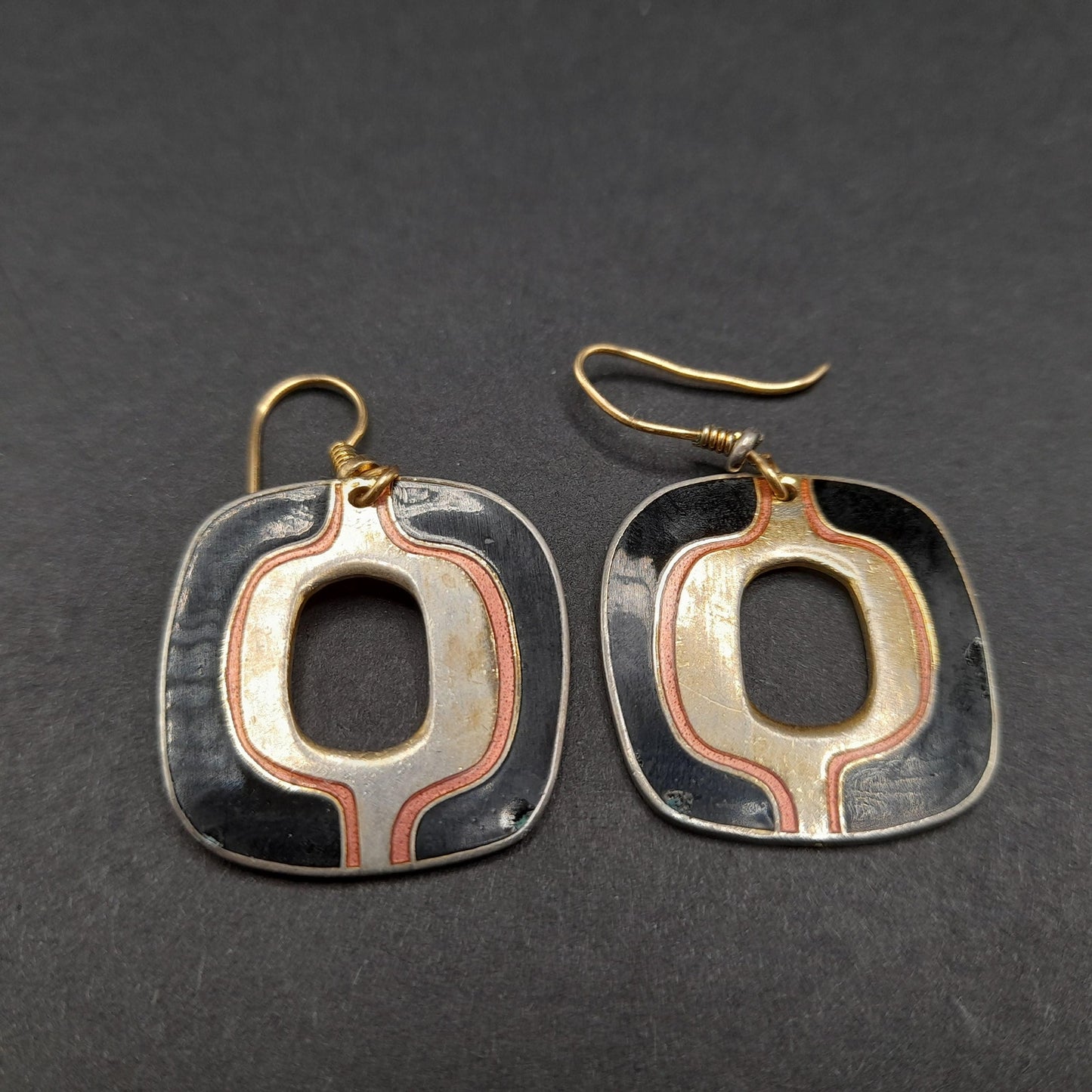 Vintage Laurel Burch Black Gold Drop Earrings, Open Center, Pink Metallic Ring