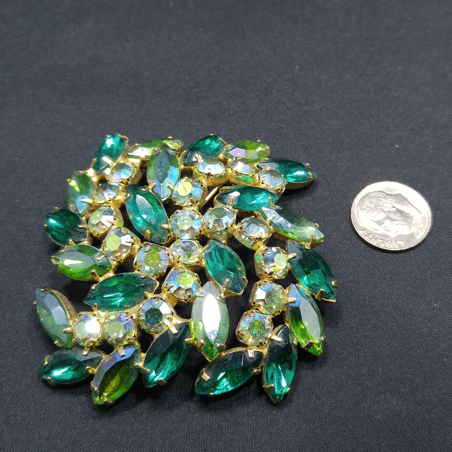 Green Aurora Borealis Rhinestone Brooch, Gold Plated, 1960s Vintage Jewelry