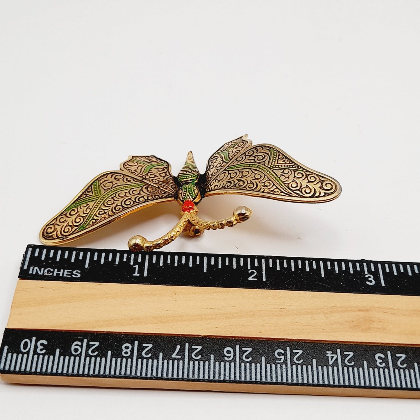 Vintage Damascene Butterfly Brooch, Gold Tone Green Black Red Enamel – 2 ¾”
