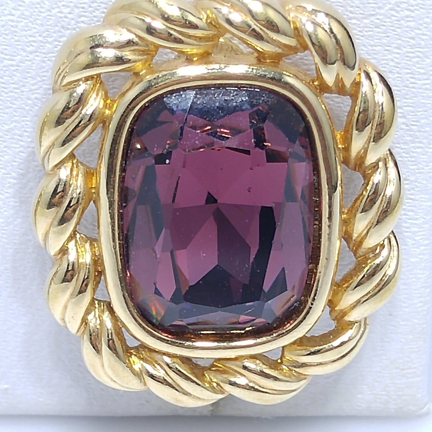 Swarovski S.A.L. Earrings, Purple Crystal Clip Ons, Gold Rope Design, 1970s Vintage Jewelry