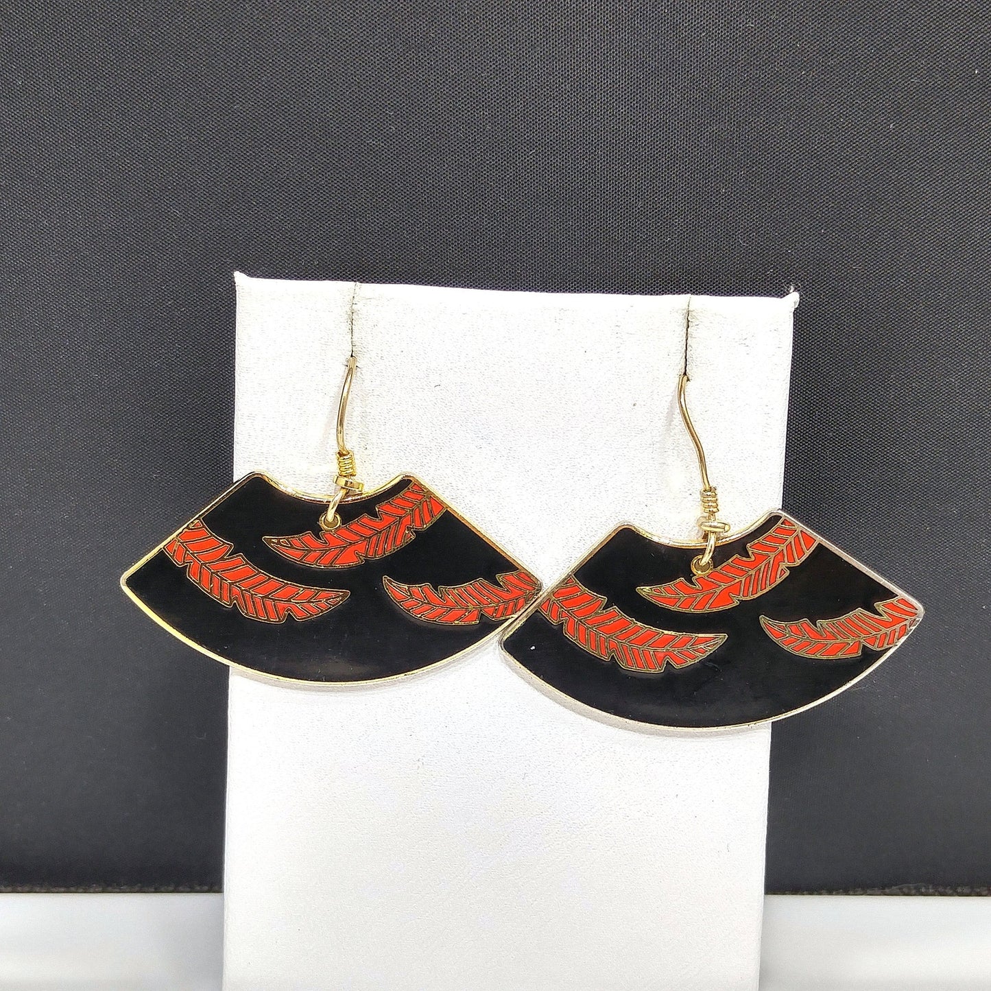 Laurel Burch Large Fan Earrings, Palm Leaves Design, Black Red Enamel, Gold Plated, 1980s