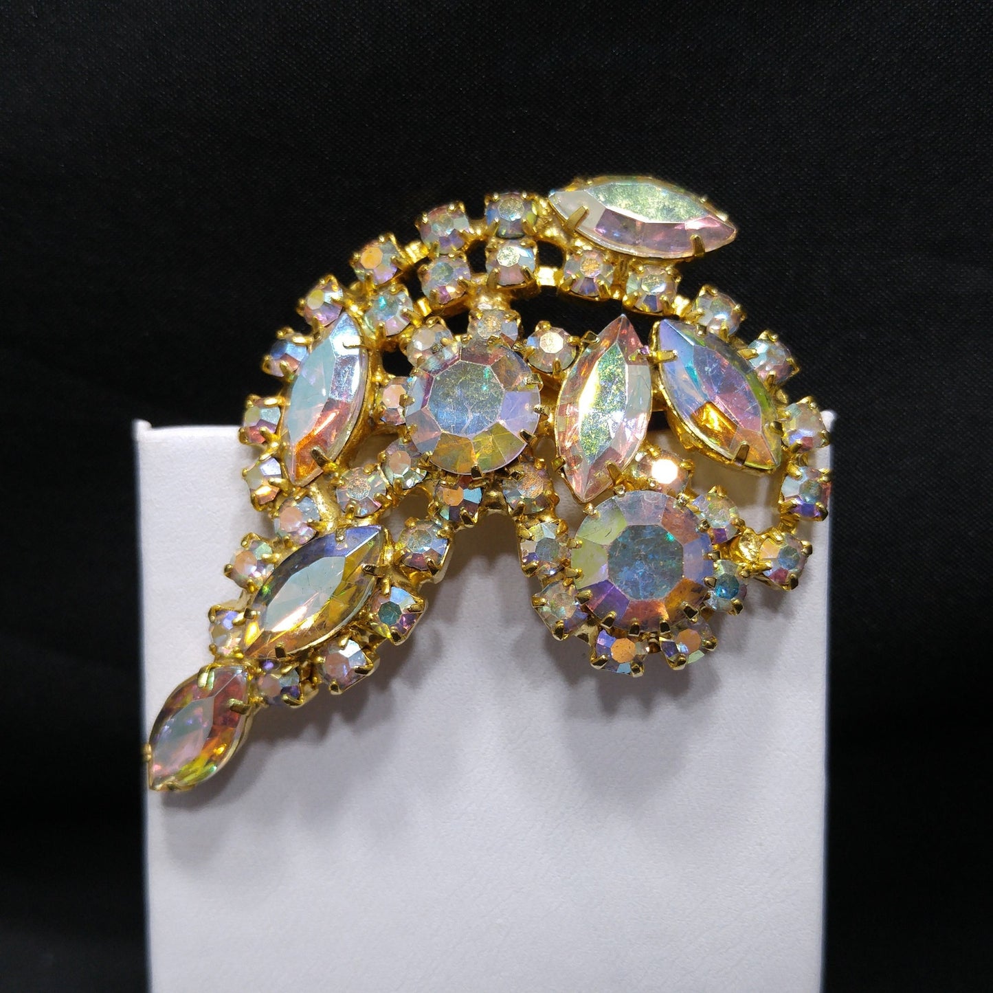 Aurora Borealis Rhinestone Brooch, Gold Plated, AB Clear Rhinestones, 1960s Vintage Jewelry