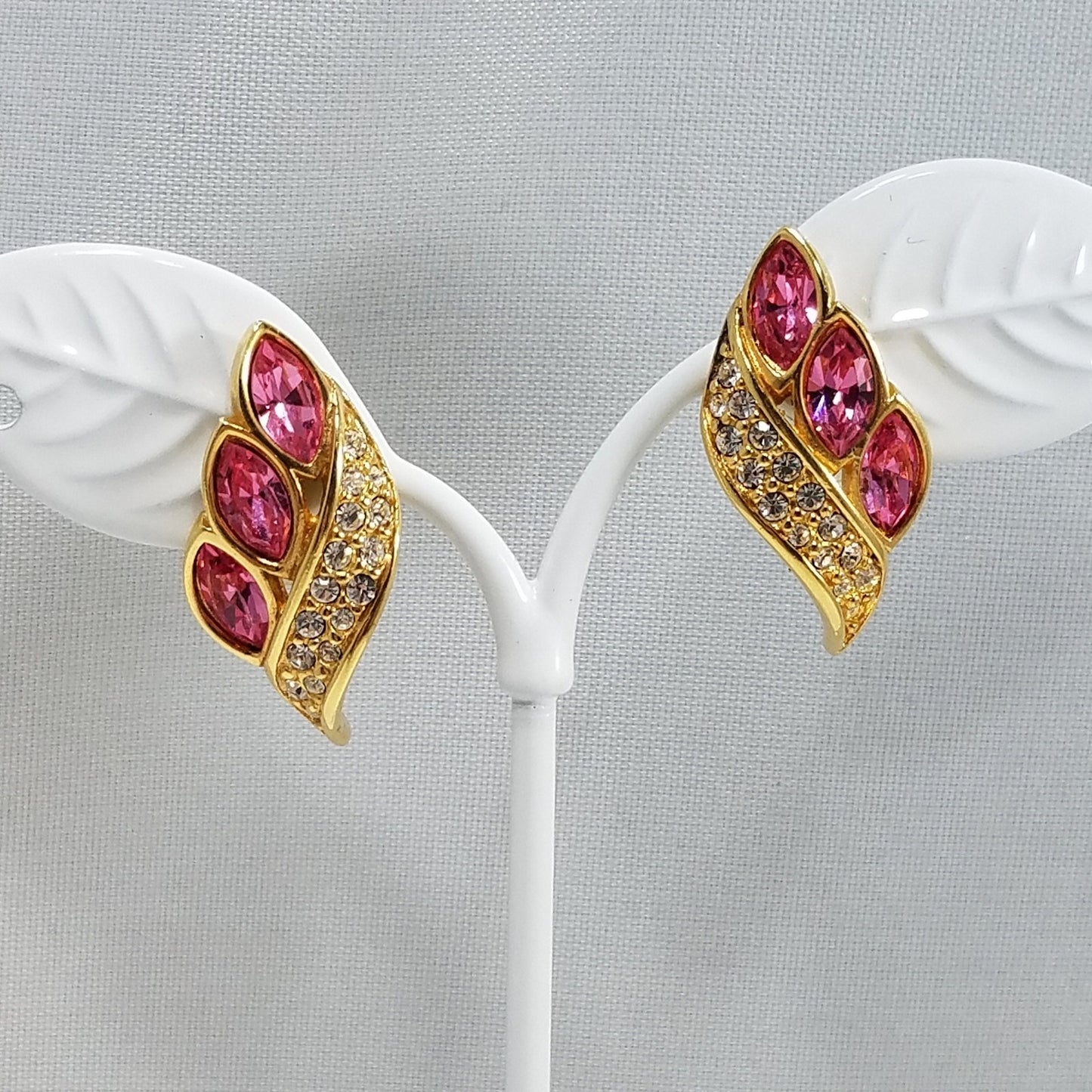 S. A. L. Swarovski Pink Rhinestone Earrings, Gold Plated Post Earrings, 1980s