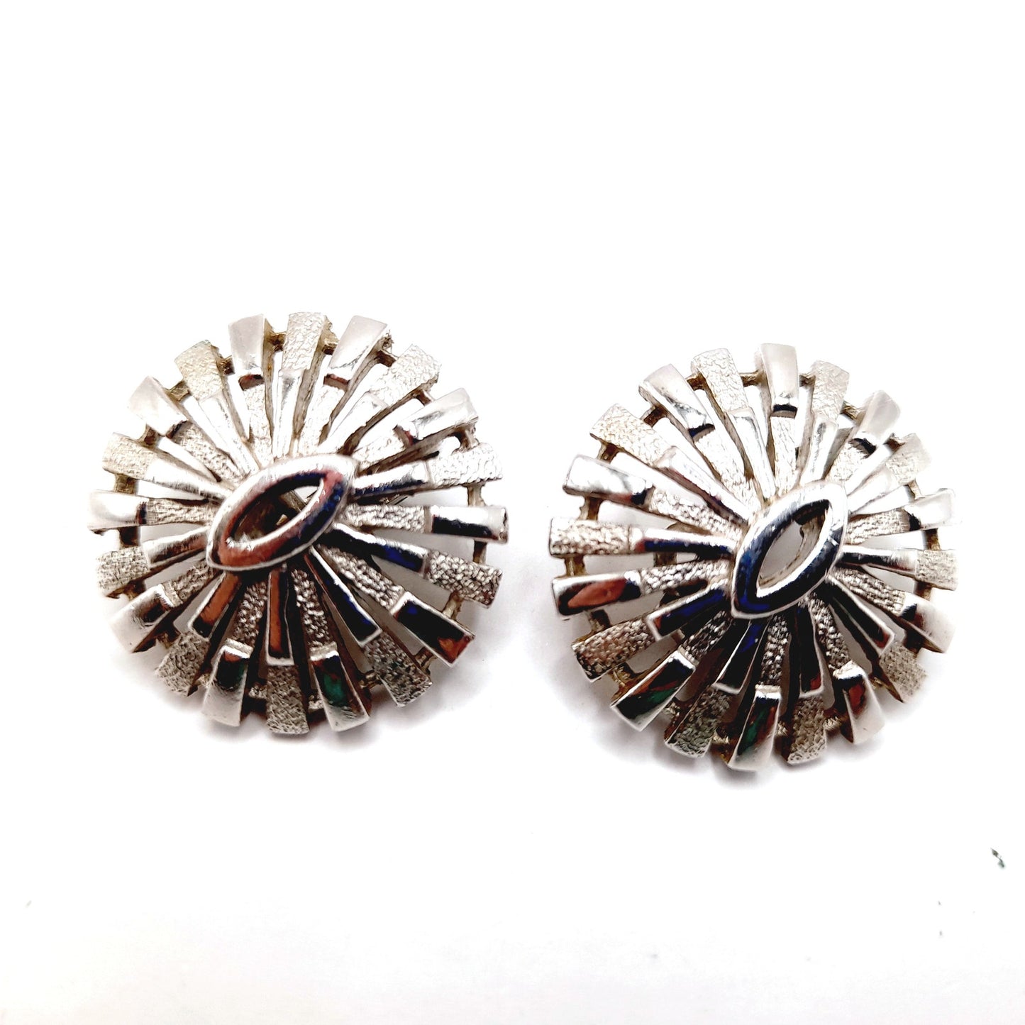 Vintage Crown Trifari Rhodium Plated Clip Earrings, Mid-Century Sunburst Jewelry