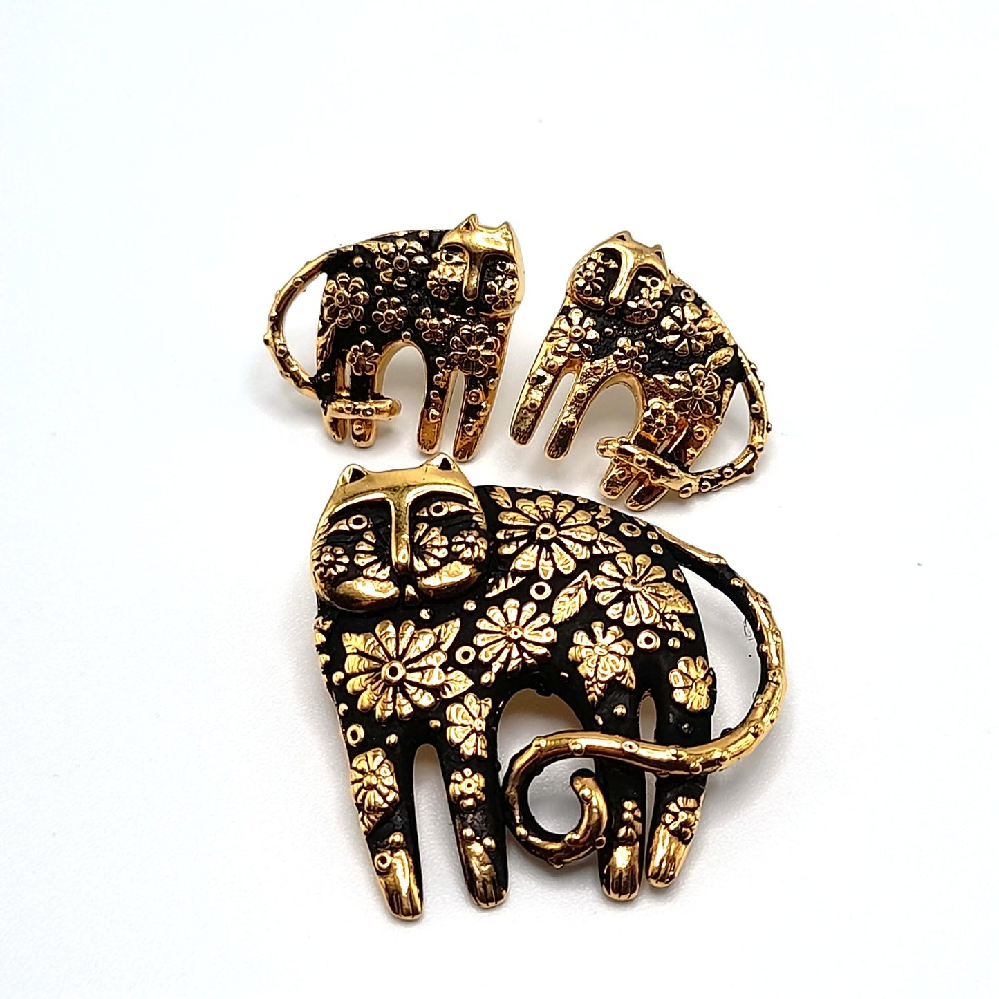 Laurel Burch Flower Cat Brooch Earrings Set, Gold Plated, Black Enamel, 1993 Vintage Jewelry