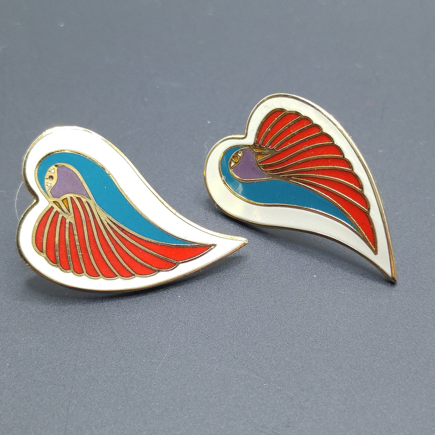 Vintage Laurel Burch "Dove Heart" Post Earrings, Cloisonne Enamel, Gold Plated