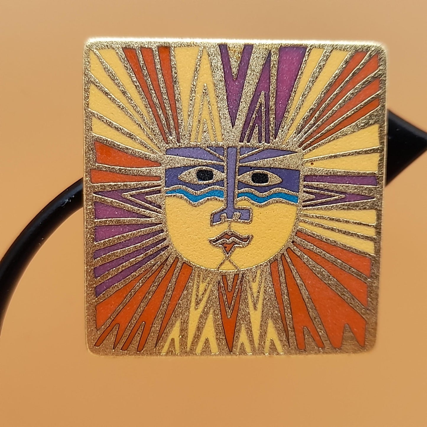 Laurel Burch "Sun Goddess" Clip Earrings, Satin Gold Plated Finish, Cloisonne Enamel, 1980s Vintage Jewelry