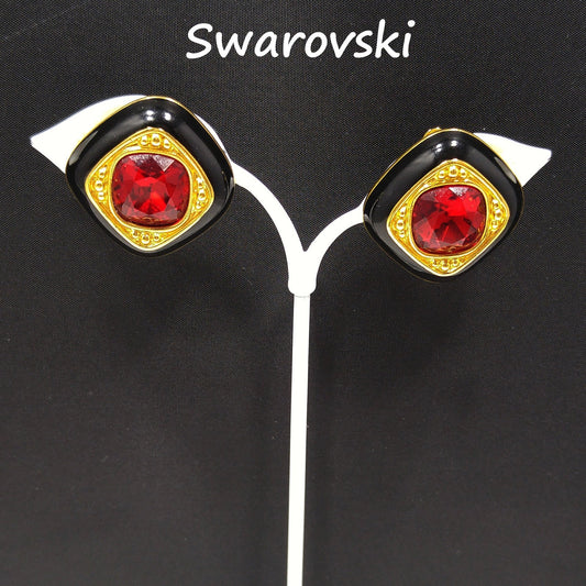 Vintage Swarovski Clip Earrings – Black Enamel & Red Crystal, Gold Plated 1980s