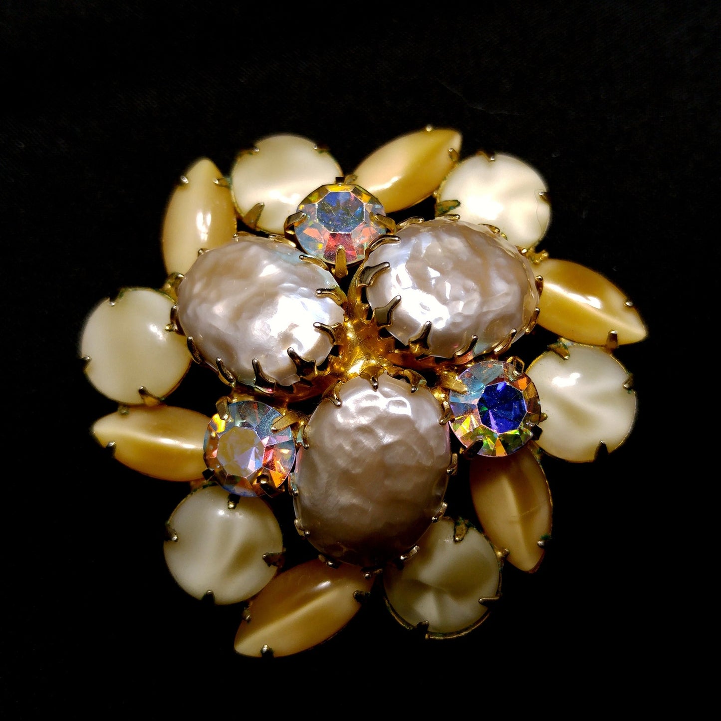 Faux Baroque Pearls AB Rhinestone Brooch Earrings, Gold Plated, 1960s Vintage Jewelry