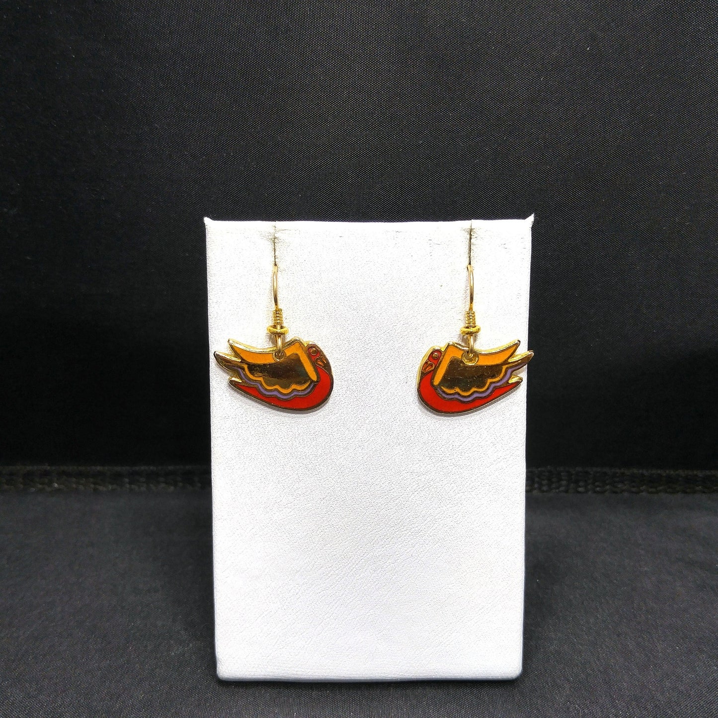 Laurel Burch "Wild Swan" Bird Earrings, Gold Plated, Enamel Cloisonne, 1980s