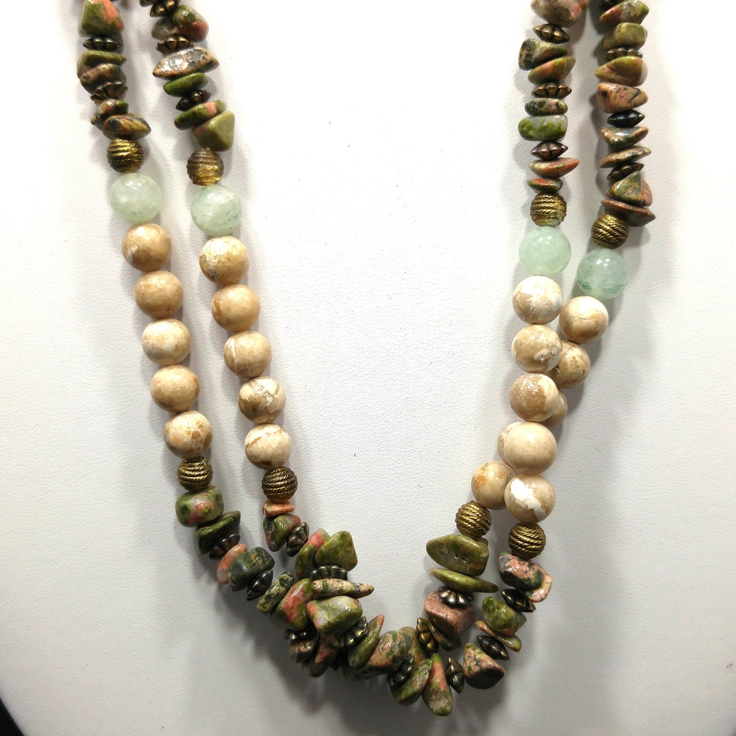 Gemstone Two Strand Beaded Necklace, Jade, Rhyolite and Quartz, 1980s Vintage Jewelry