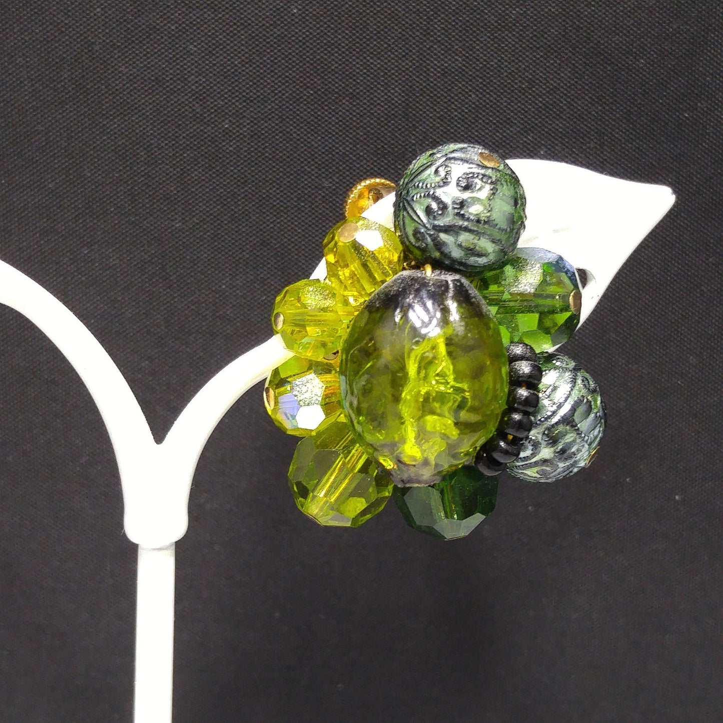 Vendome Green Beaded Earrings, Art Glass Aurora Borealis Beads, 1960s Vintage Jewelry