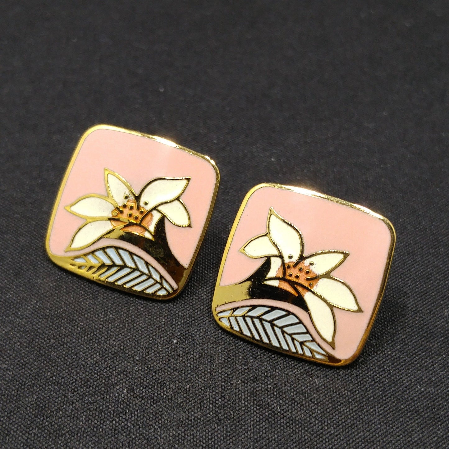 Vintage Laurel Burch "Wild Lily" Pink Post Earrings, Cloisonne Gold Plated
