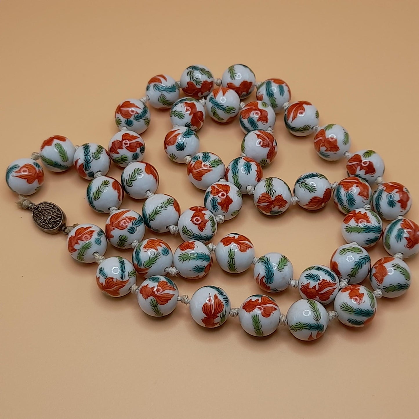 Hand Painted Koi Fish Bead Necklace, Ceramic Hand Knotted Vintage