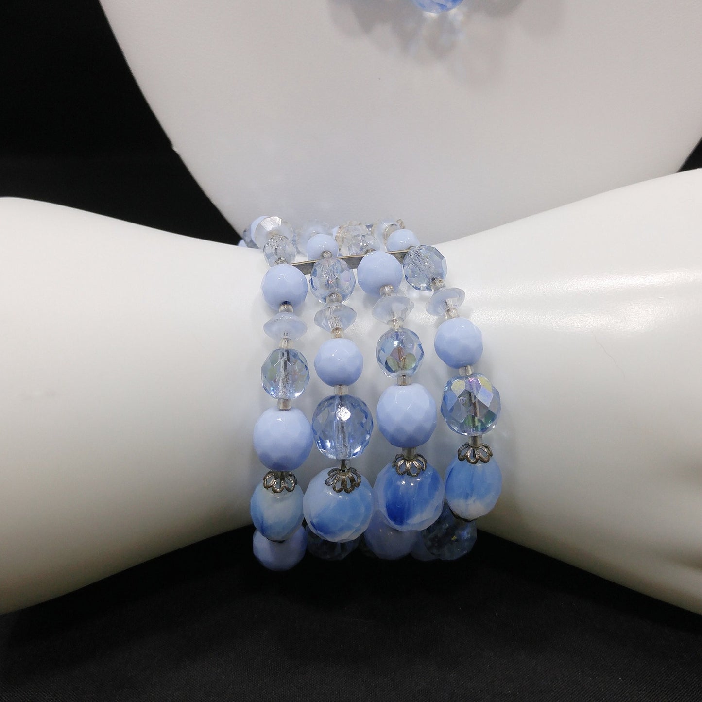 West Germany Blue Beaded Necklace & Bracelet, Art Glass Crystal Beads, 1950s Vintage Jewelry