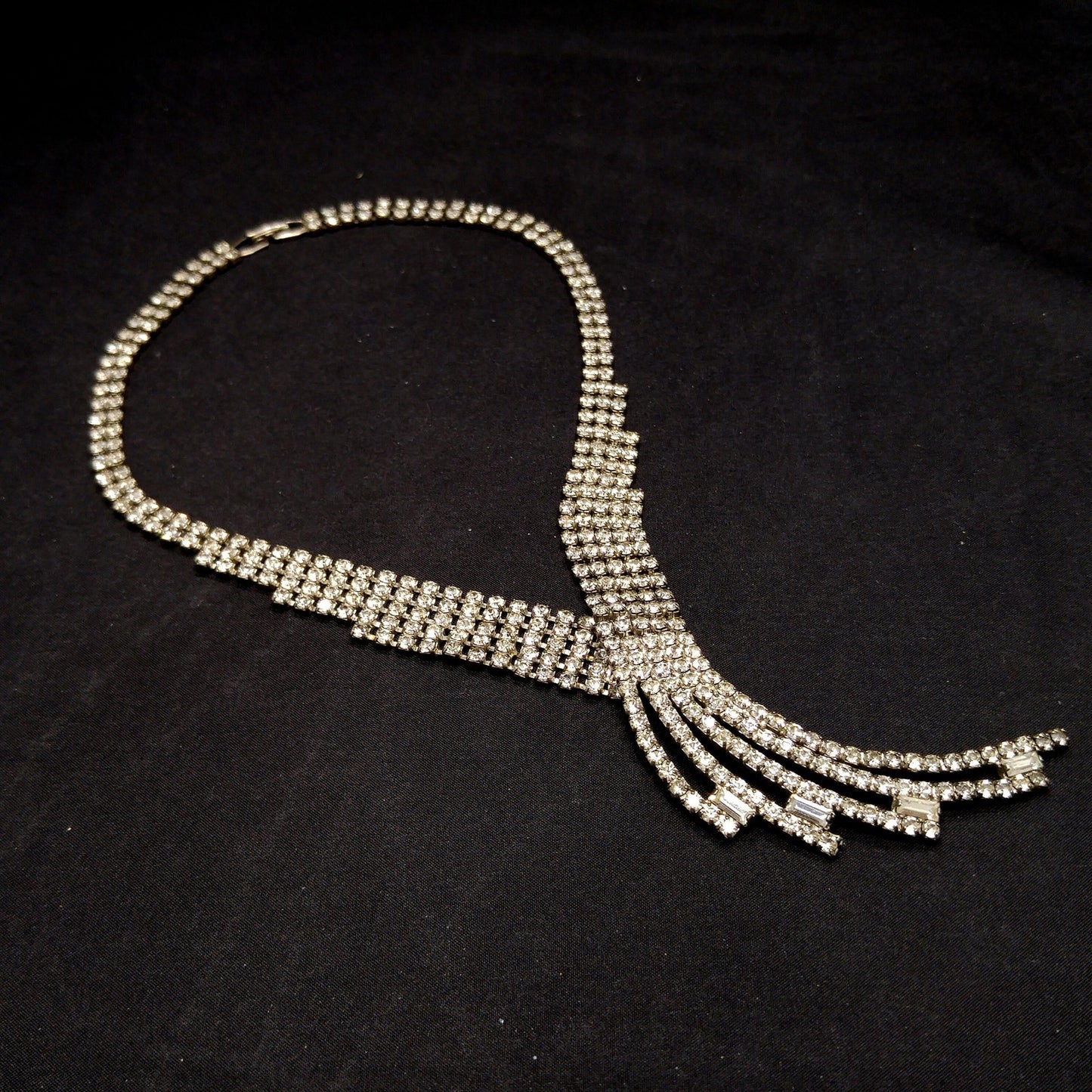 Vintage 1950s Rhinestone Statement Necklace – Five Strand Fringe Drop – Clear Crystal Bridal Jewelry