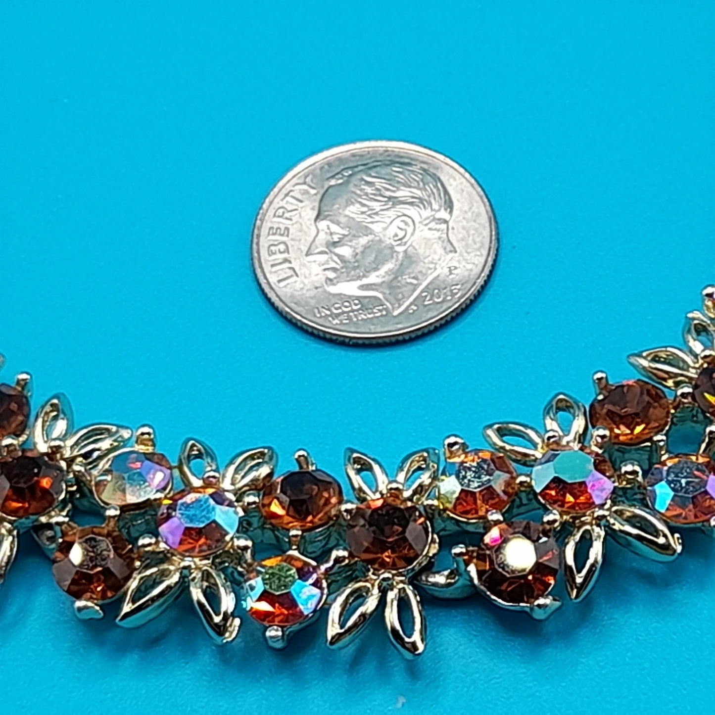 Vintage Topaz Aurora Borealis Choker Necklace, Gold Tone, 1960s, 16"