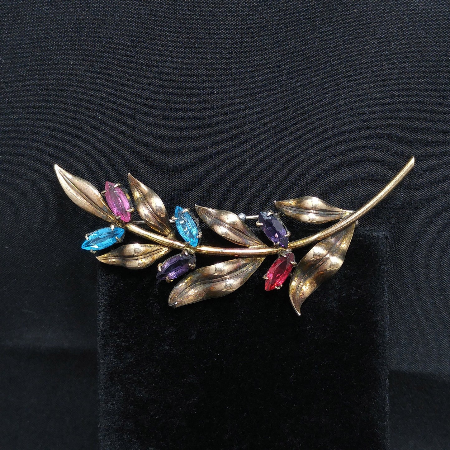 Symmetalic Sterling & 14K Gold Brooch, Rhinestone Accents, 1940s Vintage Jewelry
