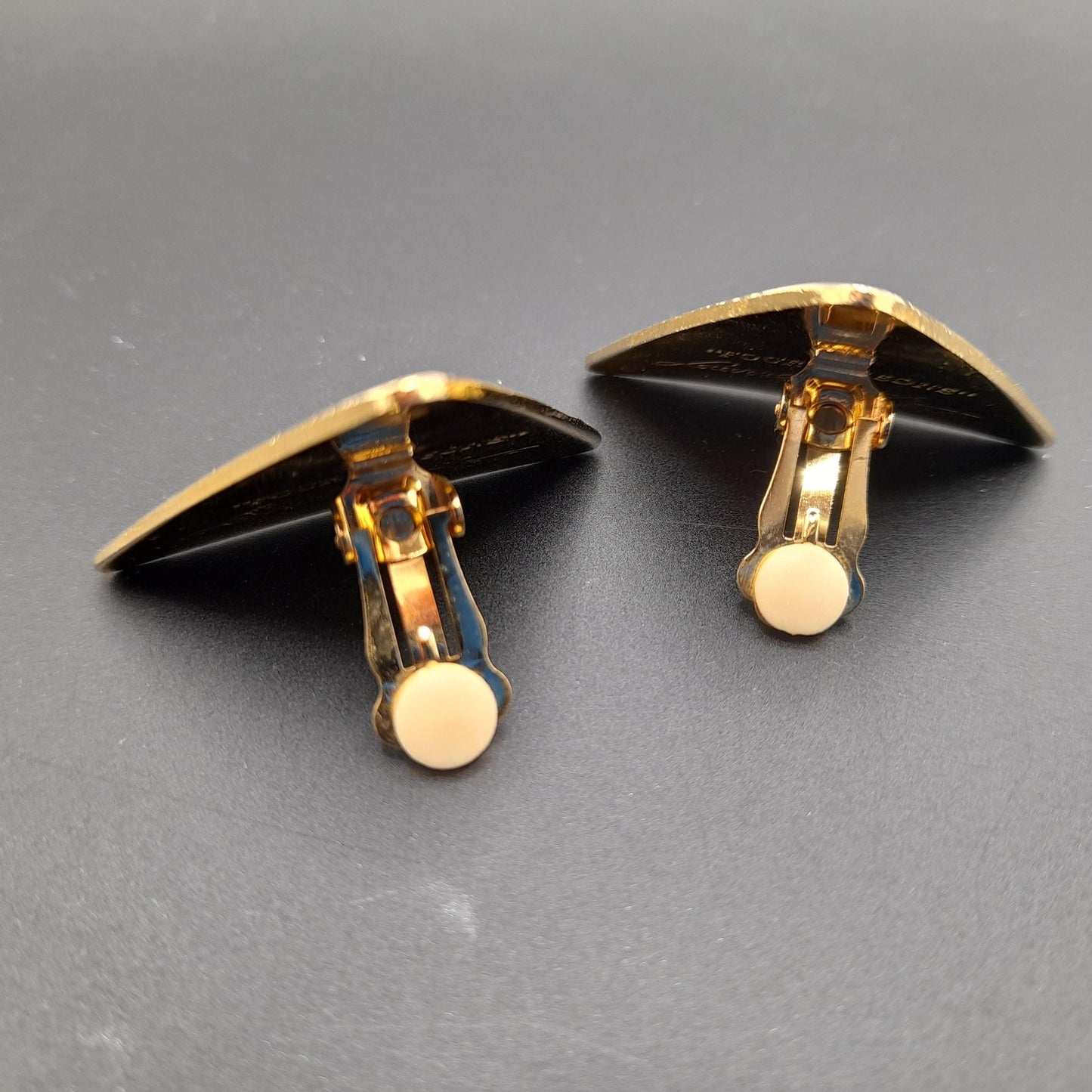 Laurel Burch Large Geometric Clip Earrings, Black White Enamel, Gold Plated, 1980s Vintage Jewelry