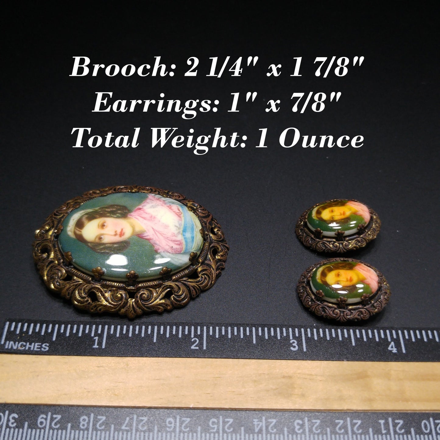 Western Germany Vintage Brooch Earrings Set Portrait Transfer on Glass Gold Tone