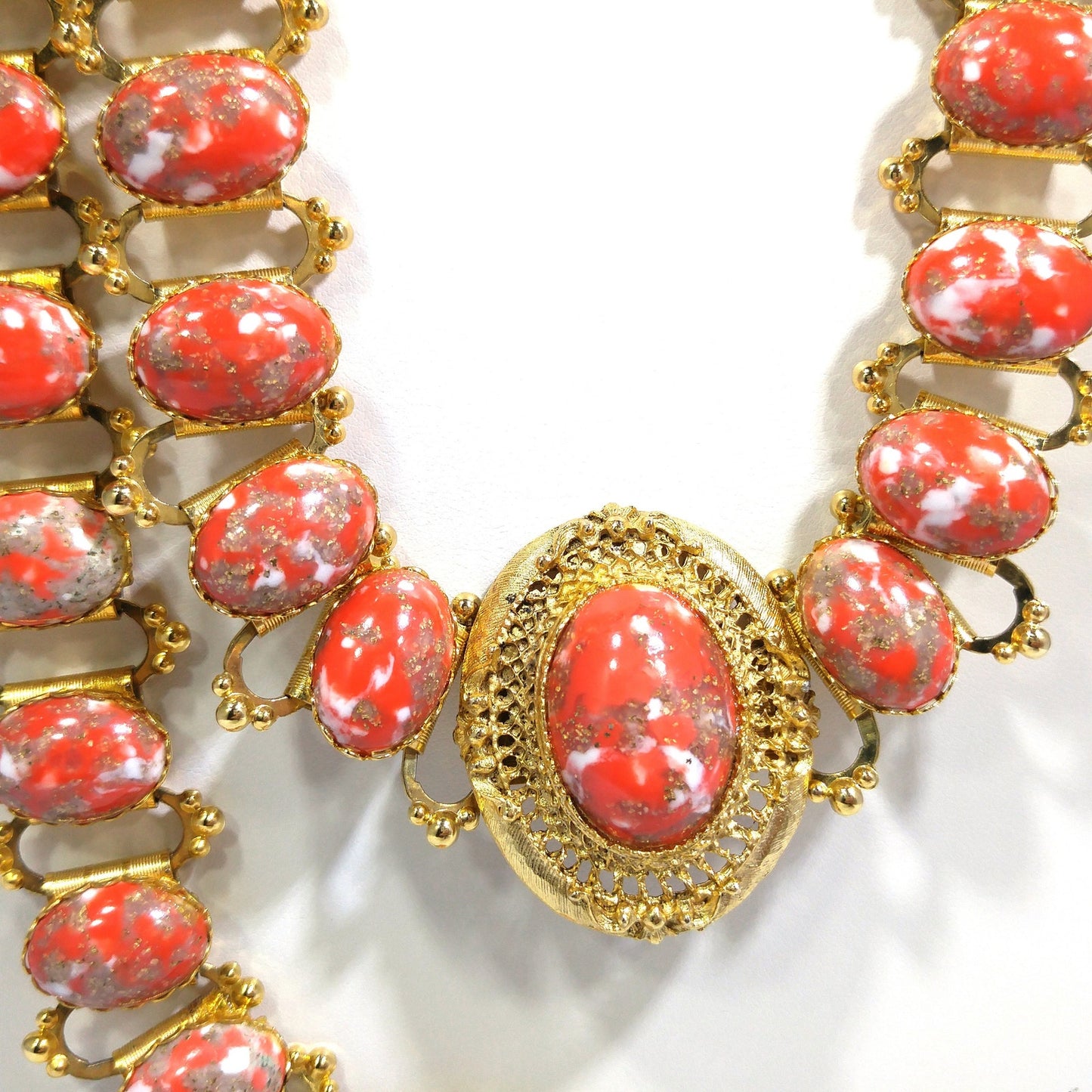 Book Chain Orange Gold Cabochon Lucite Belt or Long Necklace, Gold Robin's Egg Cabs, 36", 1960s Vintage Jewelry