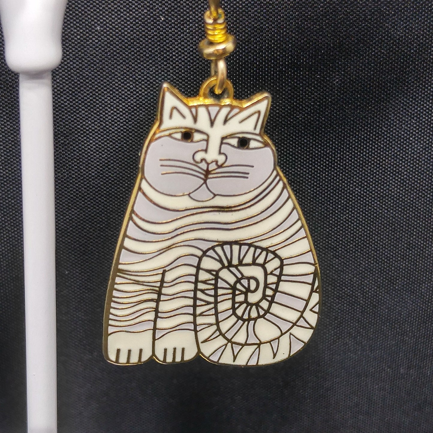 Laurel Burch Shambala Cat Earrings, White Gray Enamel, Gold Plated, 1980s Vintage Jewelry