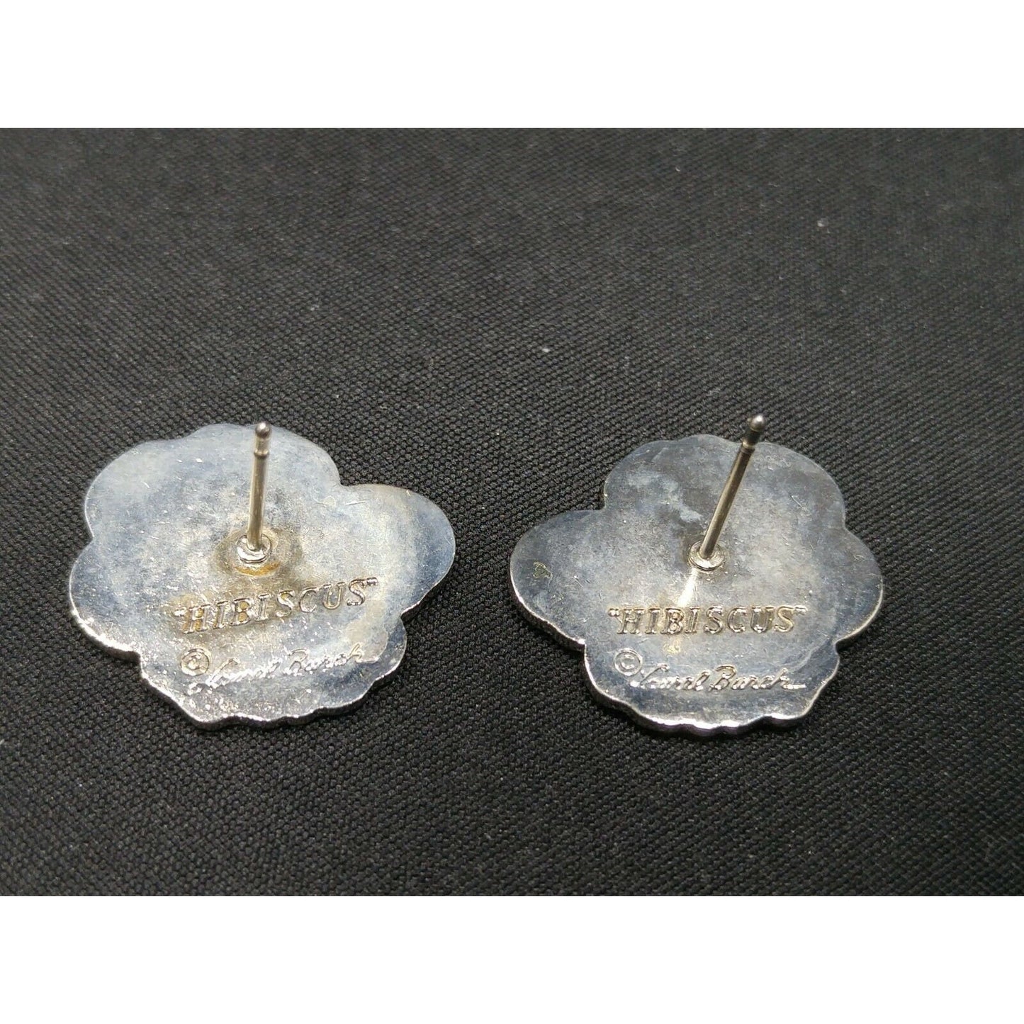 Laurel Burch "Hibiscus" Pink Post Earrings, Rhodium Plated Silver Tone, 1980s