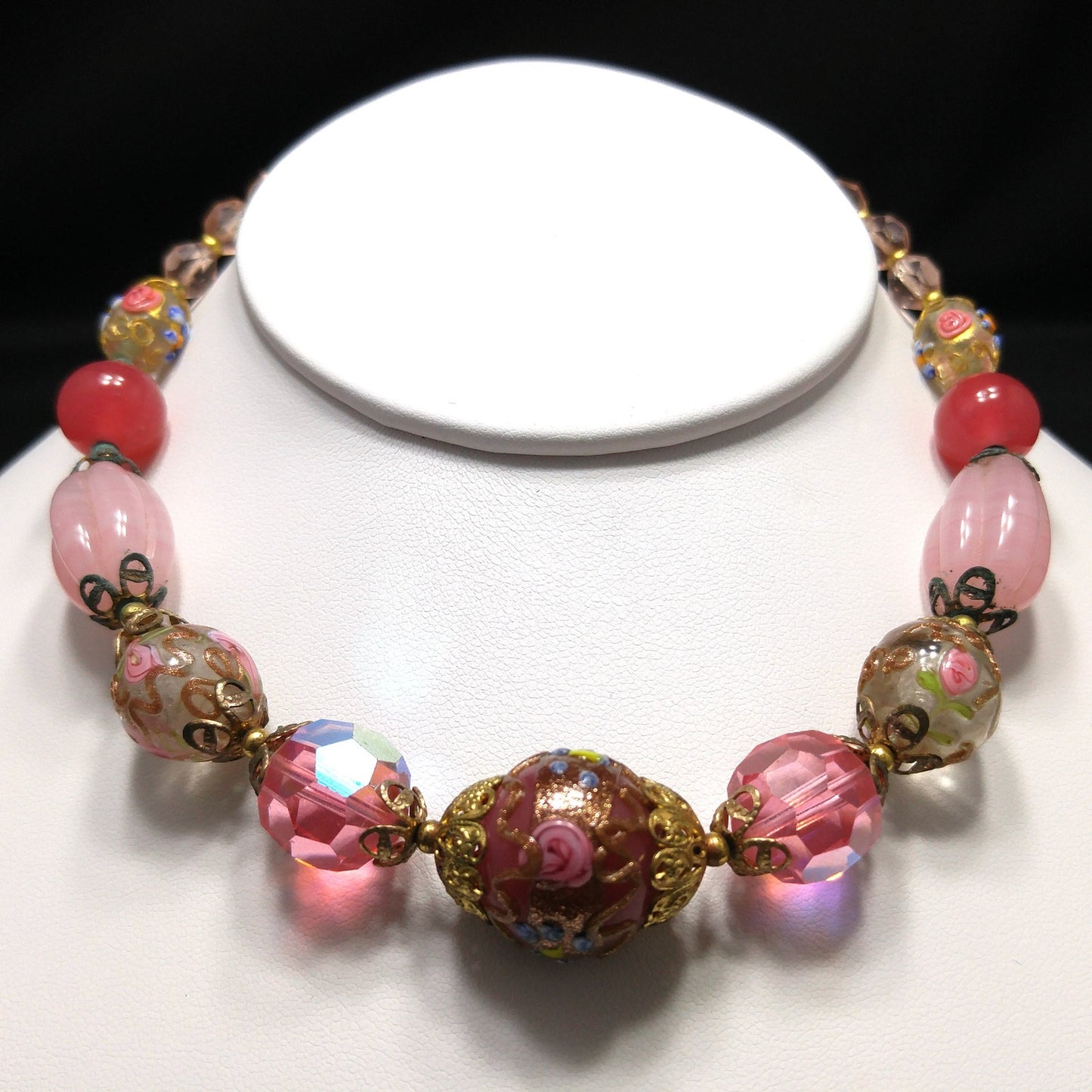 Wedding Cake Pink Choker Necklace, Crystal & Molded Beads, 1940s Vintage Jewelry
