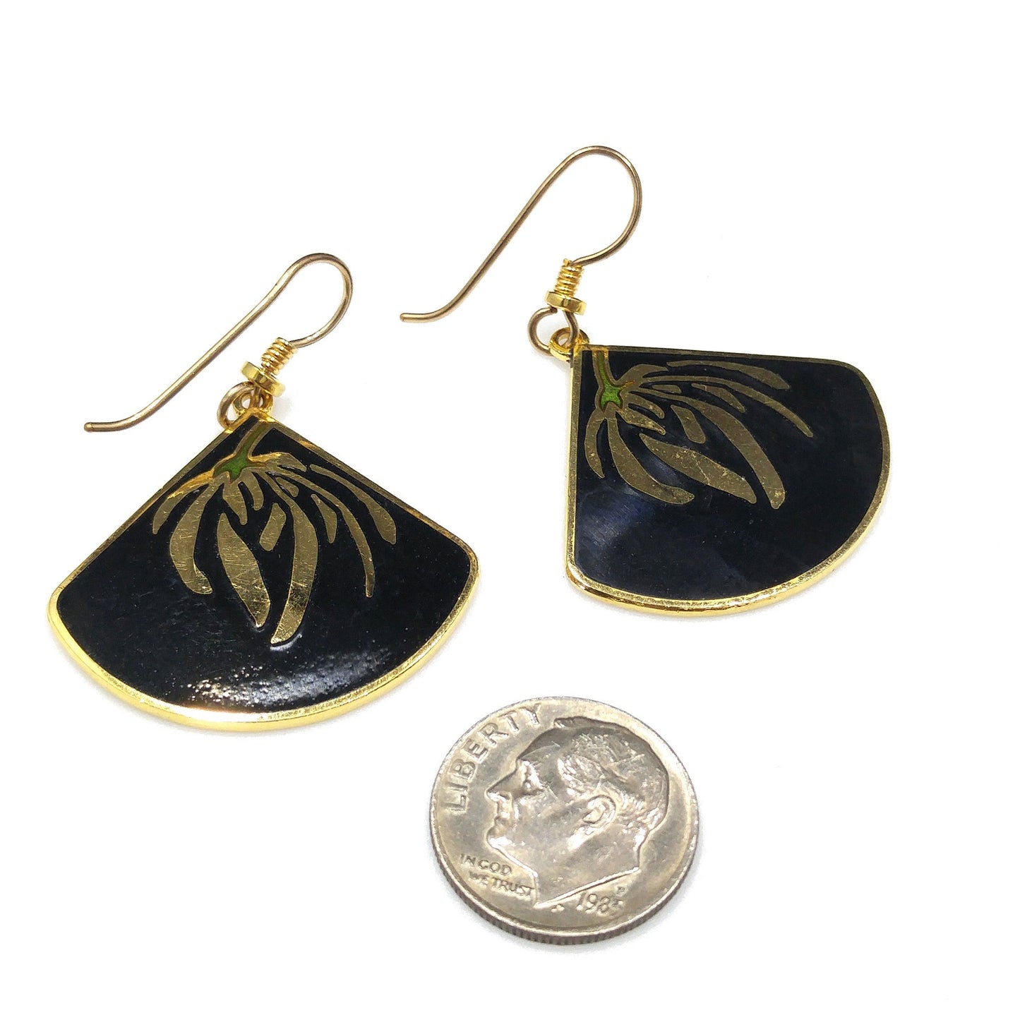 Laurel Burch Floral Earrings, Gold Plating, Black Enamel, Willow Fan, 1980s Vintage Jewelry