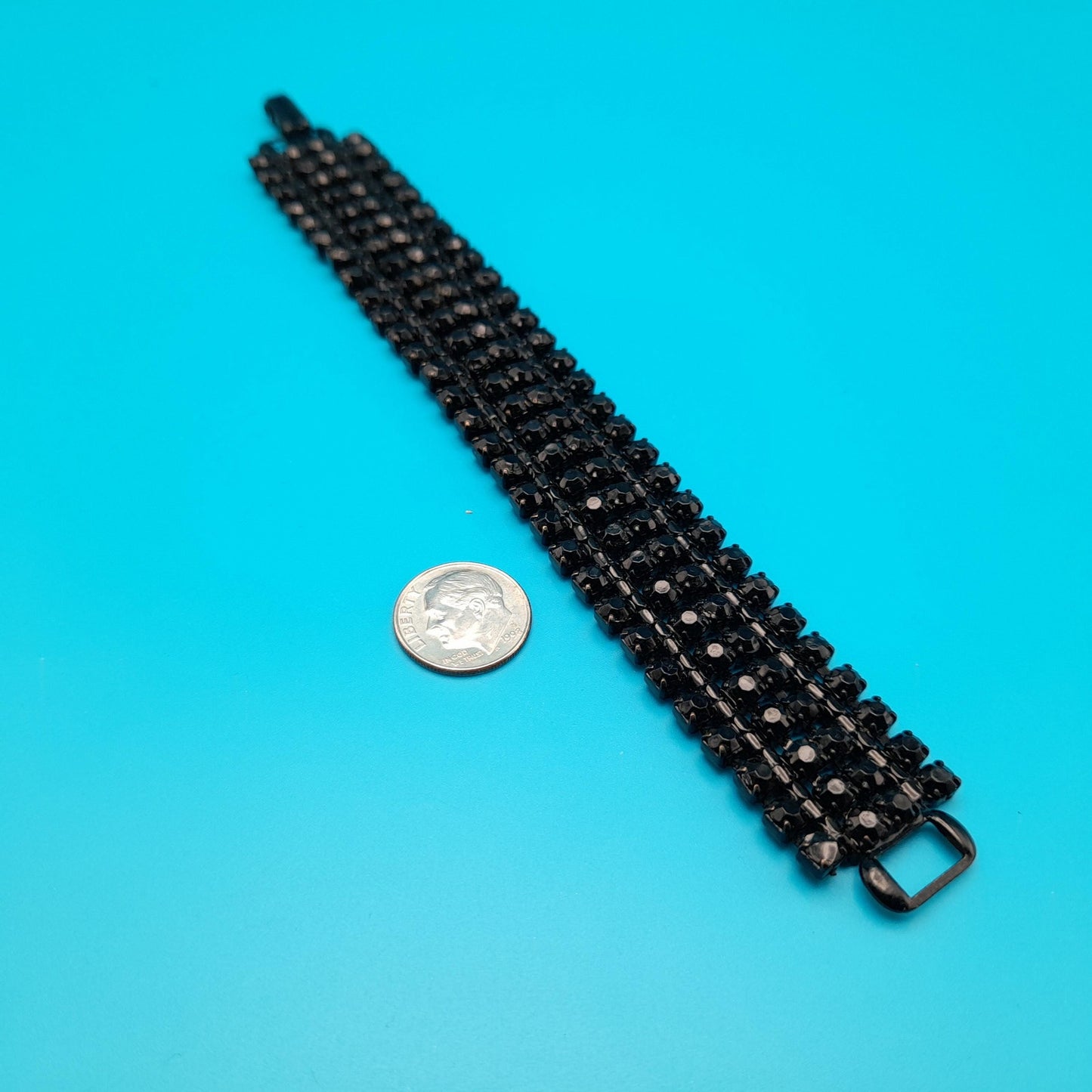 Vintage Weiss Black Rhinestone Bracelet, Japanned Finish, 1960s Jewelry