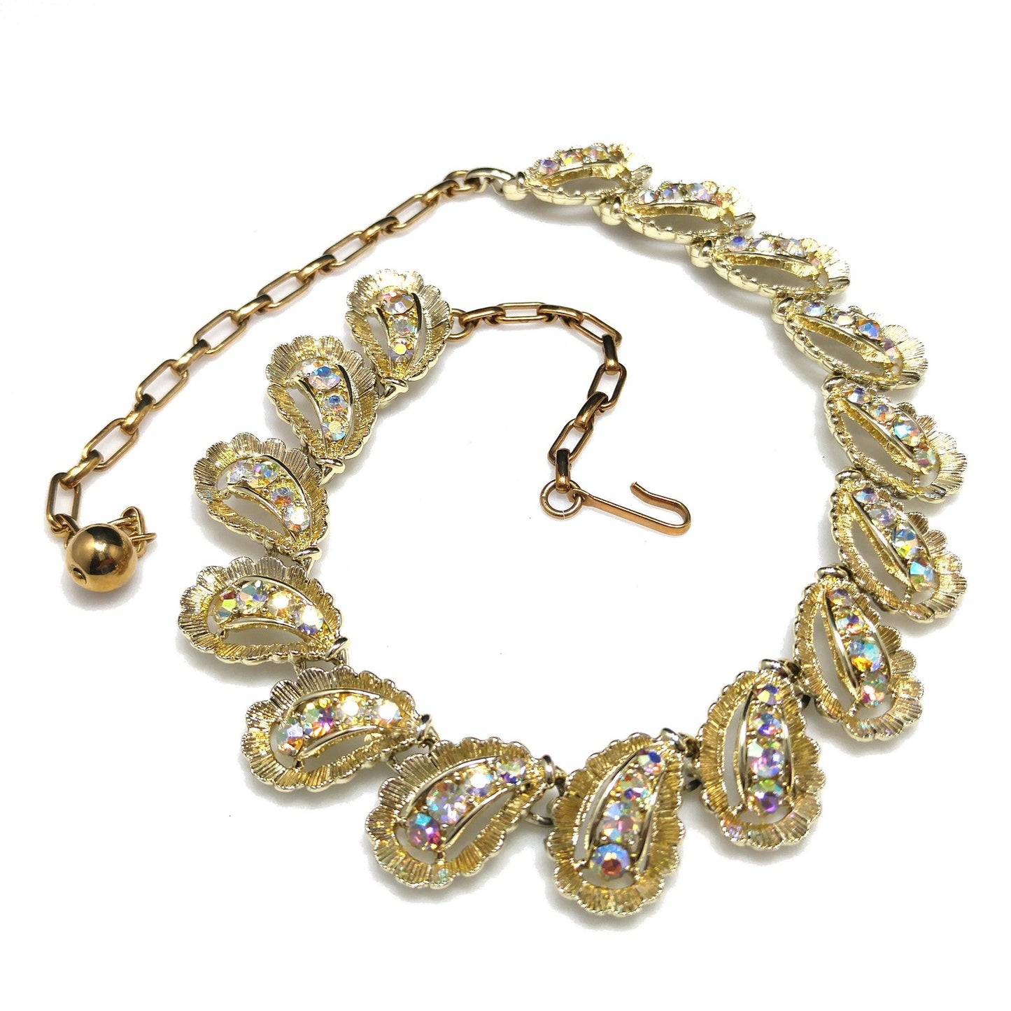 Aurora Borealis Rhinestone Necklace, Gold Plated Choker, 1960s Vintage Jewelry