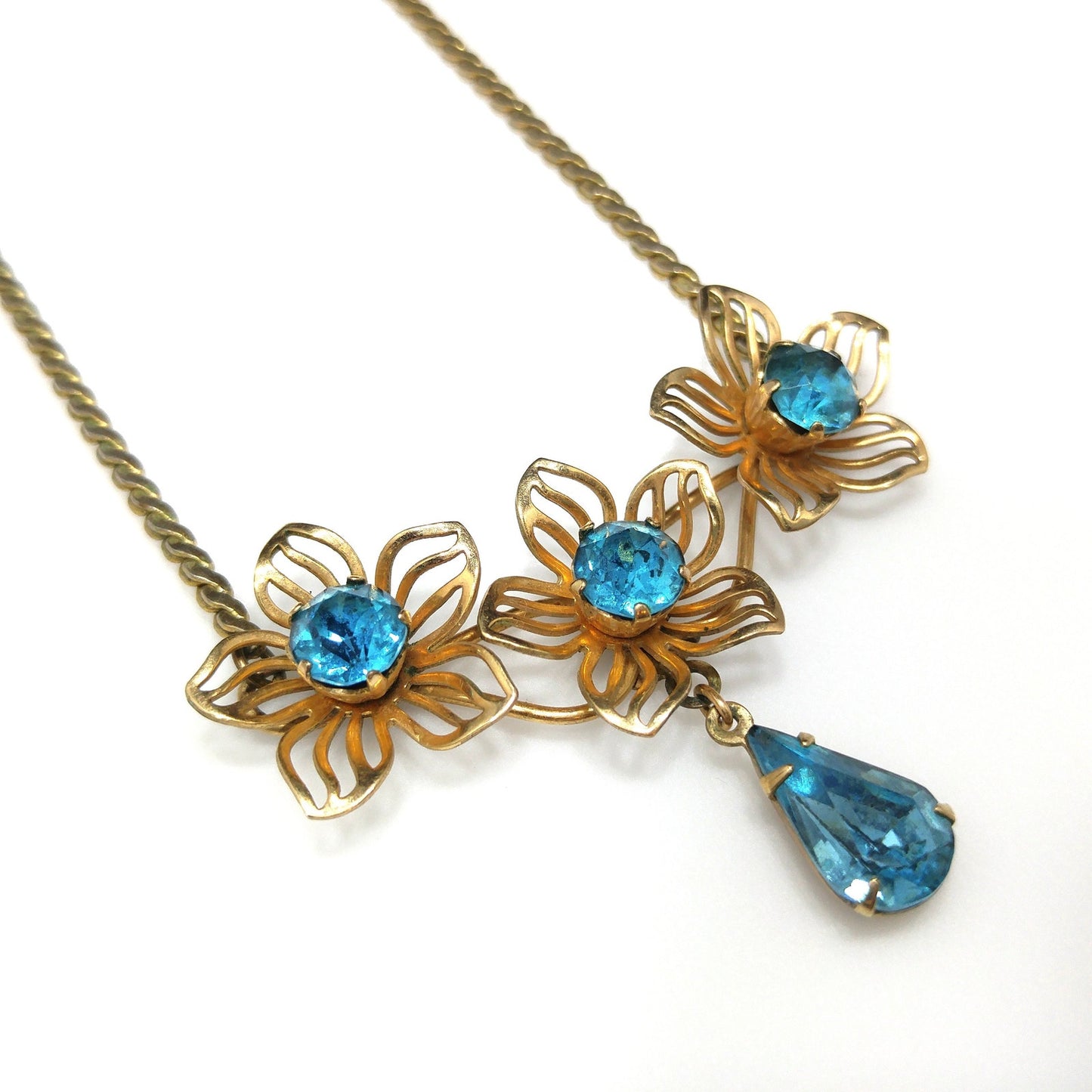 Van Dell Turquoise Rhinestone Necklace, 12K Gold Filled, 1940s Vintage Jewelry
