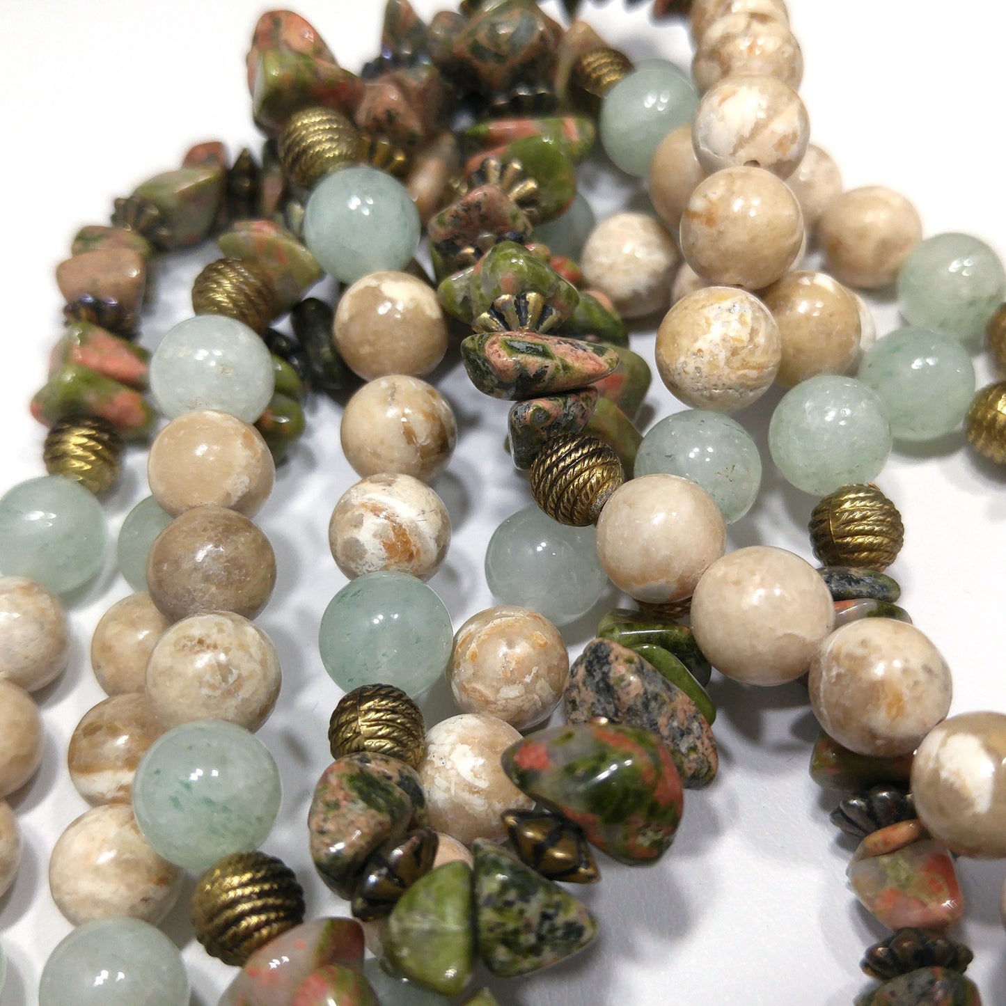 Gemstone Two Strand Beaded Necklace, Jade, Rhyolite and Quartz, 1980s Vintage Jewelry
