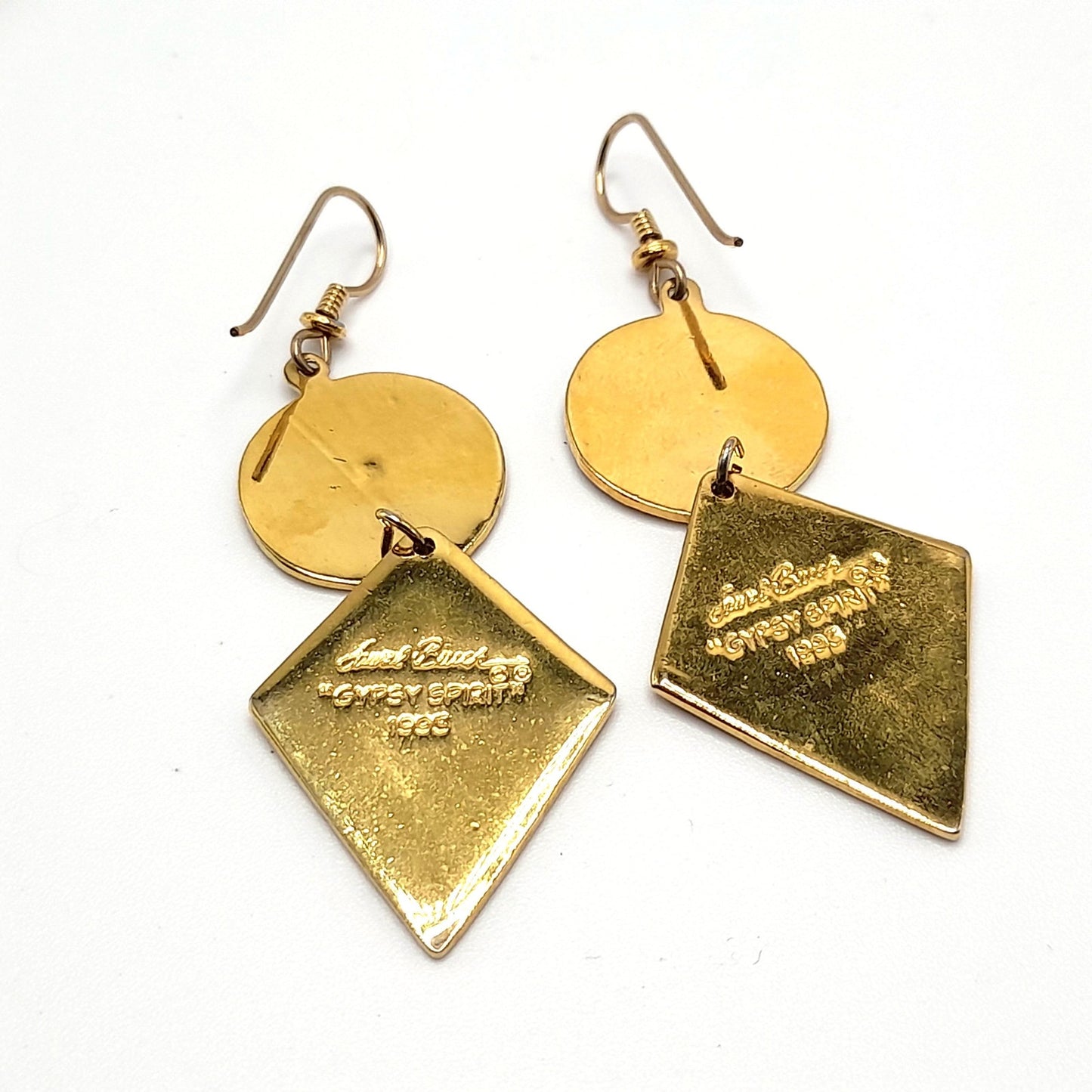 Laurel Burch "Gypsy Spirit 1993" Long Earrings, Gold Plated, GF Ear Wires, 1990s Vintage Jewelry