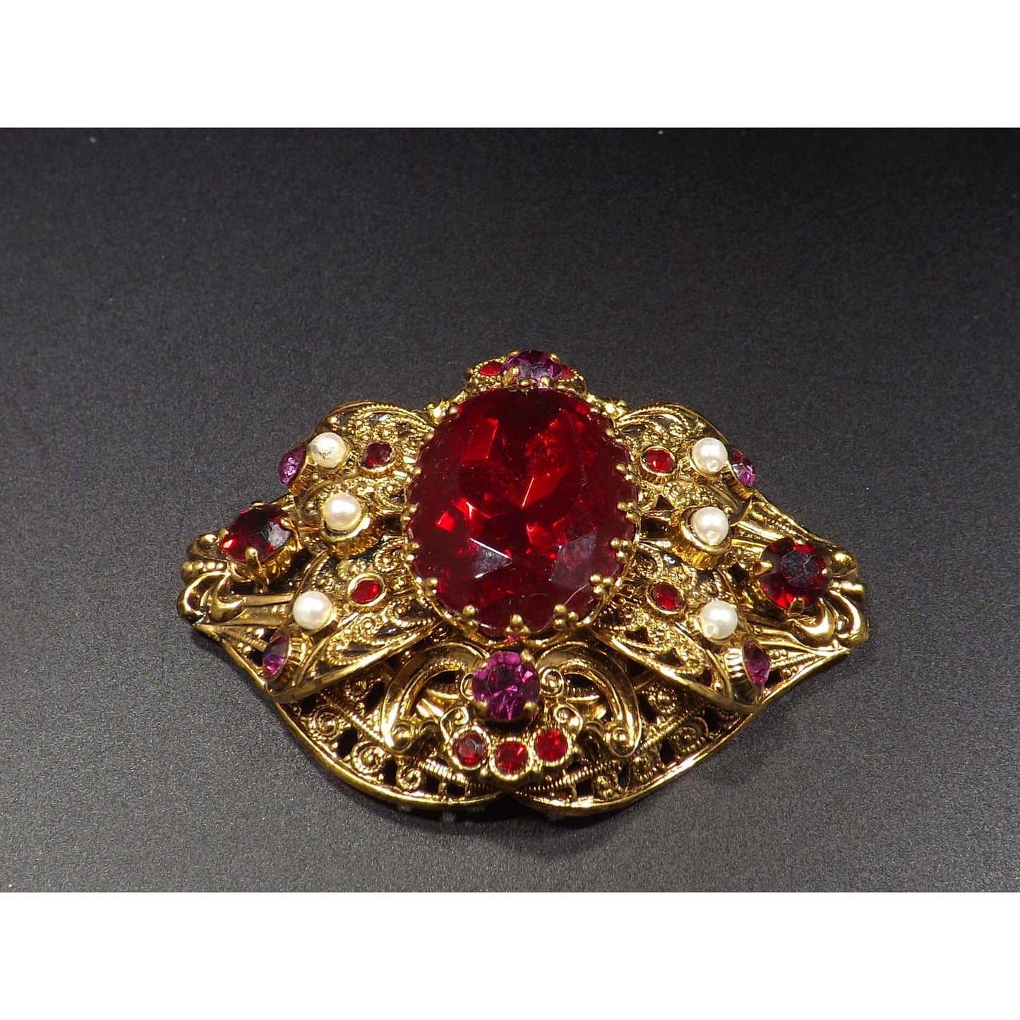 Made Germany Large Red Rhinestone Filigree Brooch, Faux Pearls, 1940s Vintage Jewelry
