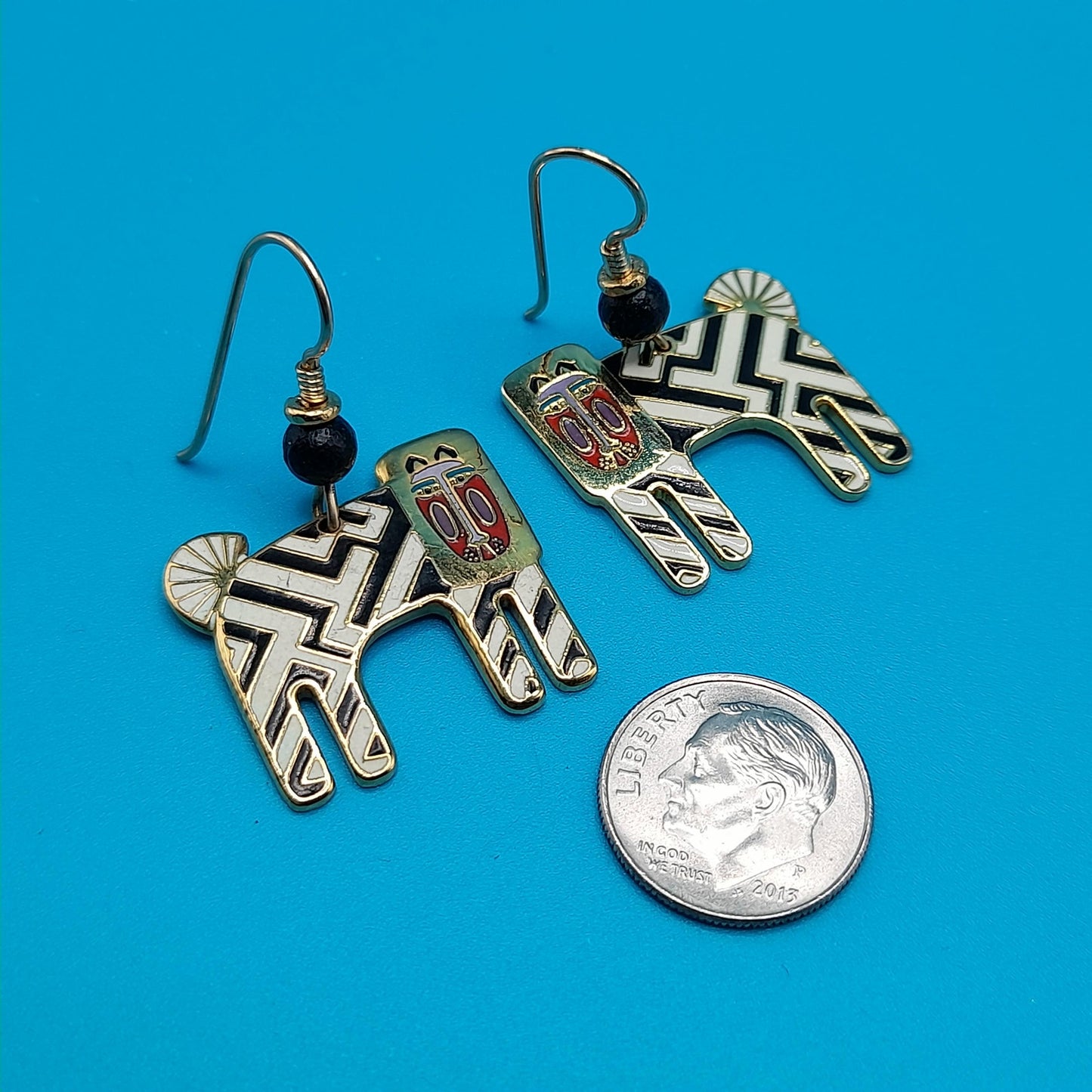 Laurel Burch "Zzzebra" Drop Earrings, Cloisonne Enamel, Gold Plated, 1980s