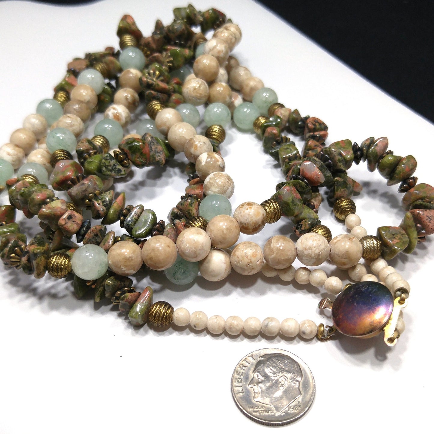 Gemstone Two Strand Beaded Necklace, Jade, Rhyolite and Quartz, 1980s Vintage Jewelry