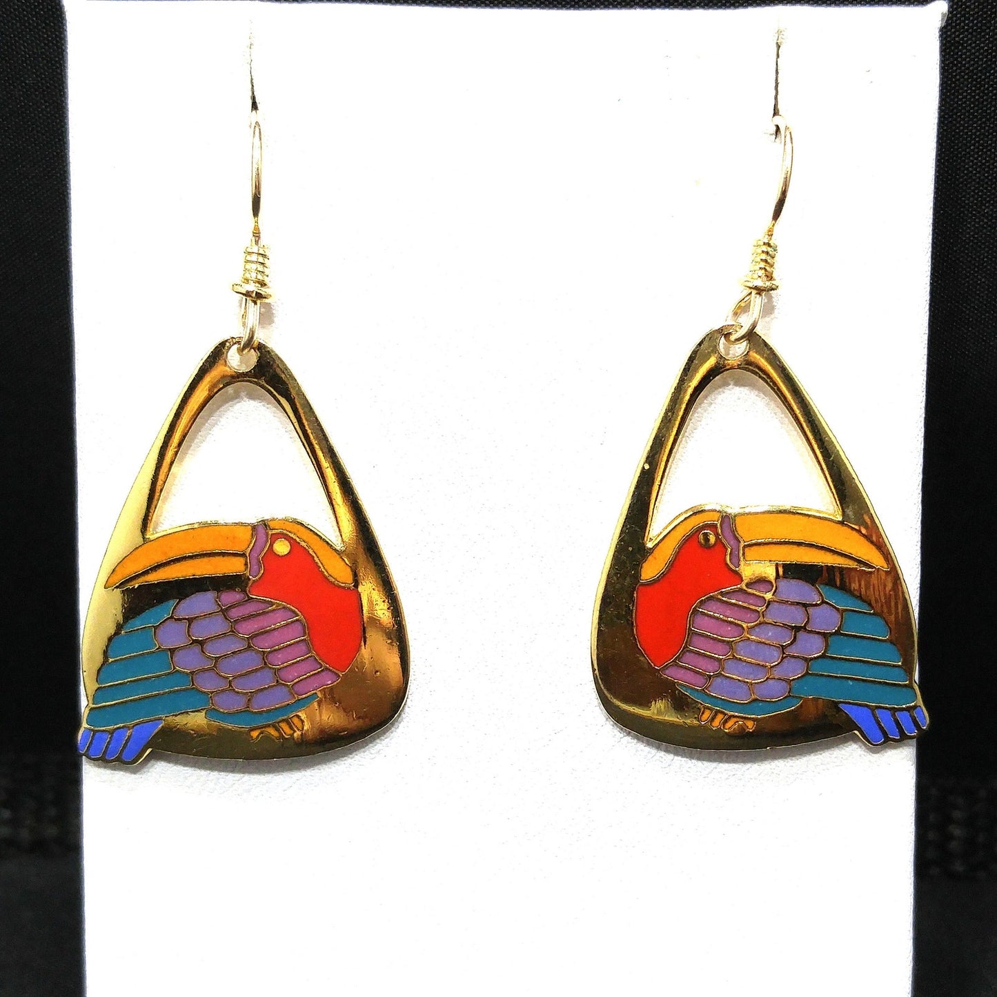 Laurel Burch Toucan Bird Earrings, Gold Plated Cloisonne Enamel, 1980s Vintage Jewelry