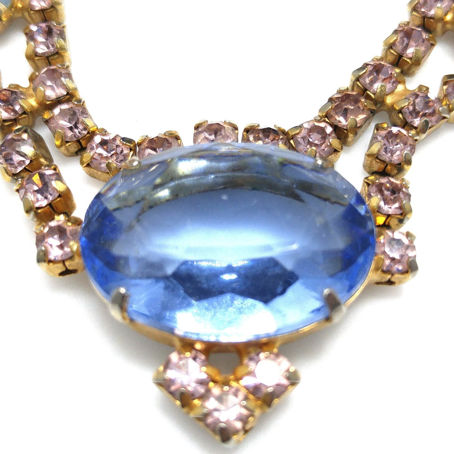Large Blue & Pink Rhinestone Necklace, Gold Plated, 1950s Vintage Jewelry
