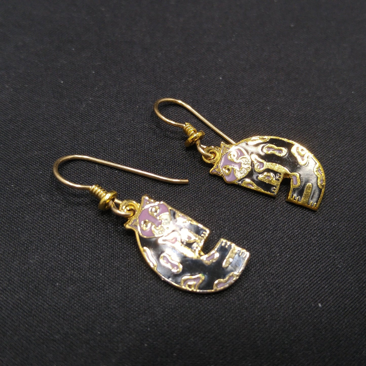 Laurel Burch Baby Snow Leopard Earrings, Cloisonne Black Enamel, Gold Plated, 1980s Vintage Jewelry