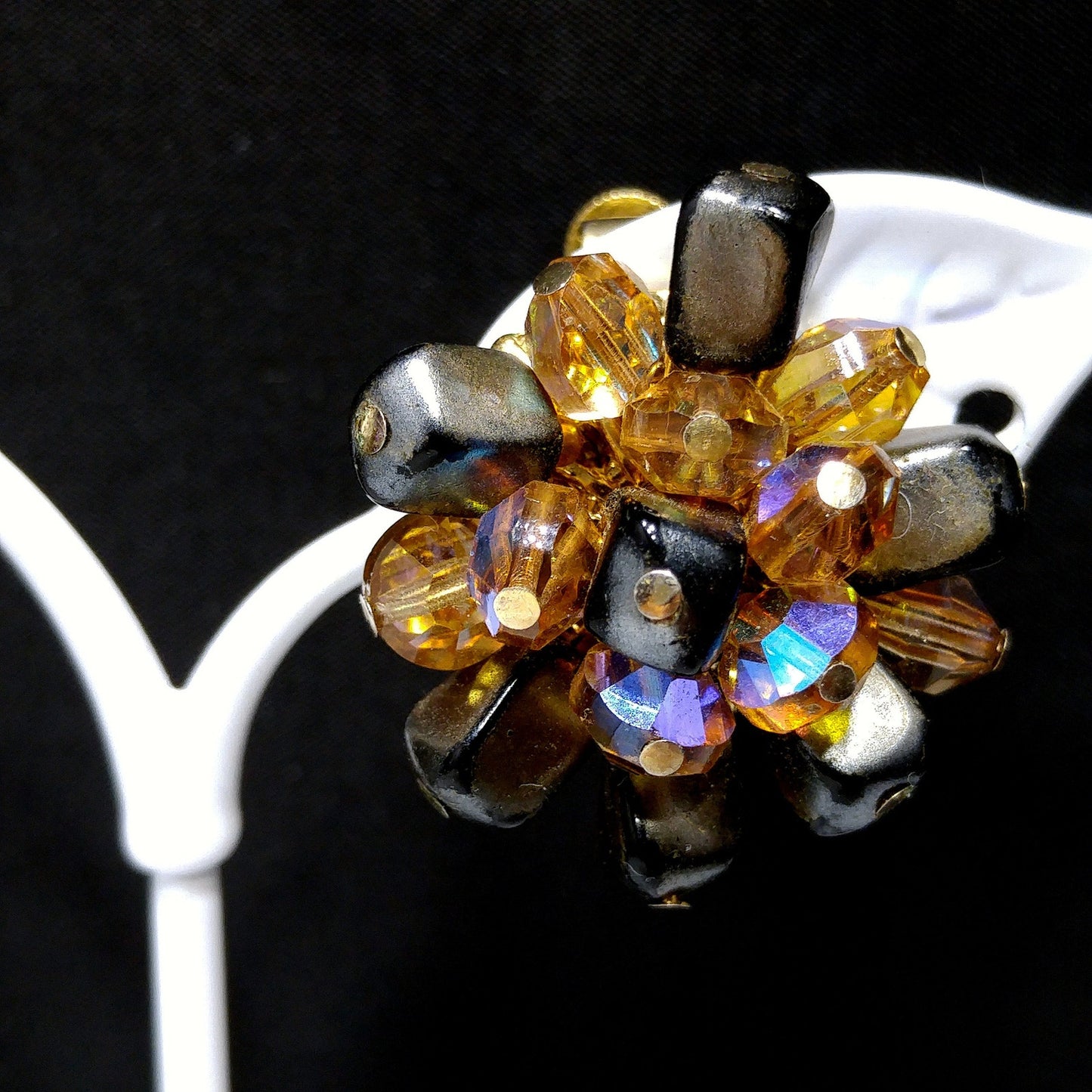 Vendome Beaded Clip Earrings, Brown Iridescent AB Topaz Beads, 1960s Vintage Jewelry