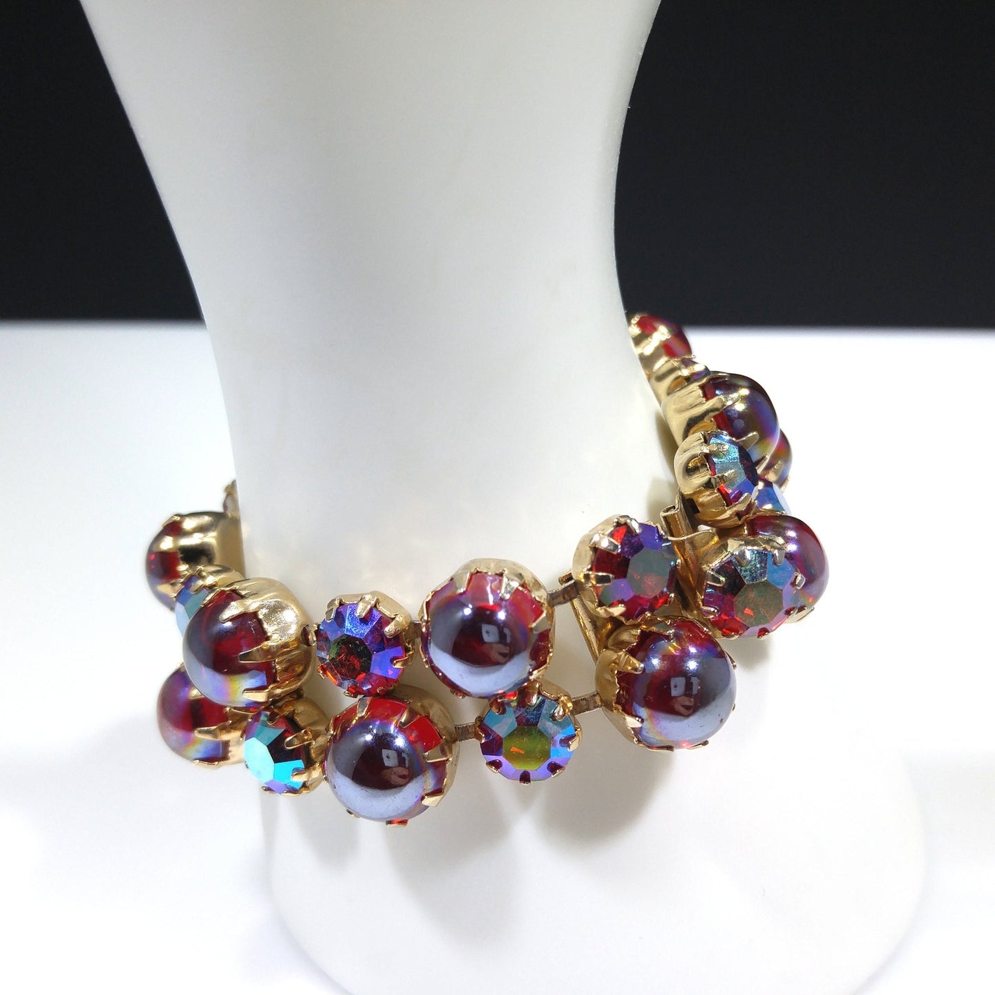 Mid-Century Red Aurora Borealis Rhinestone Cabochon Bracelet, Gold Plated, 1960s Vintage Jewelry