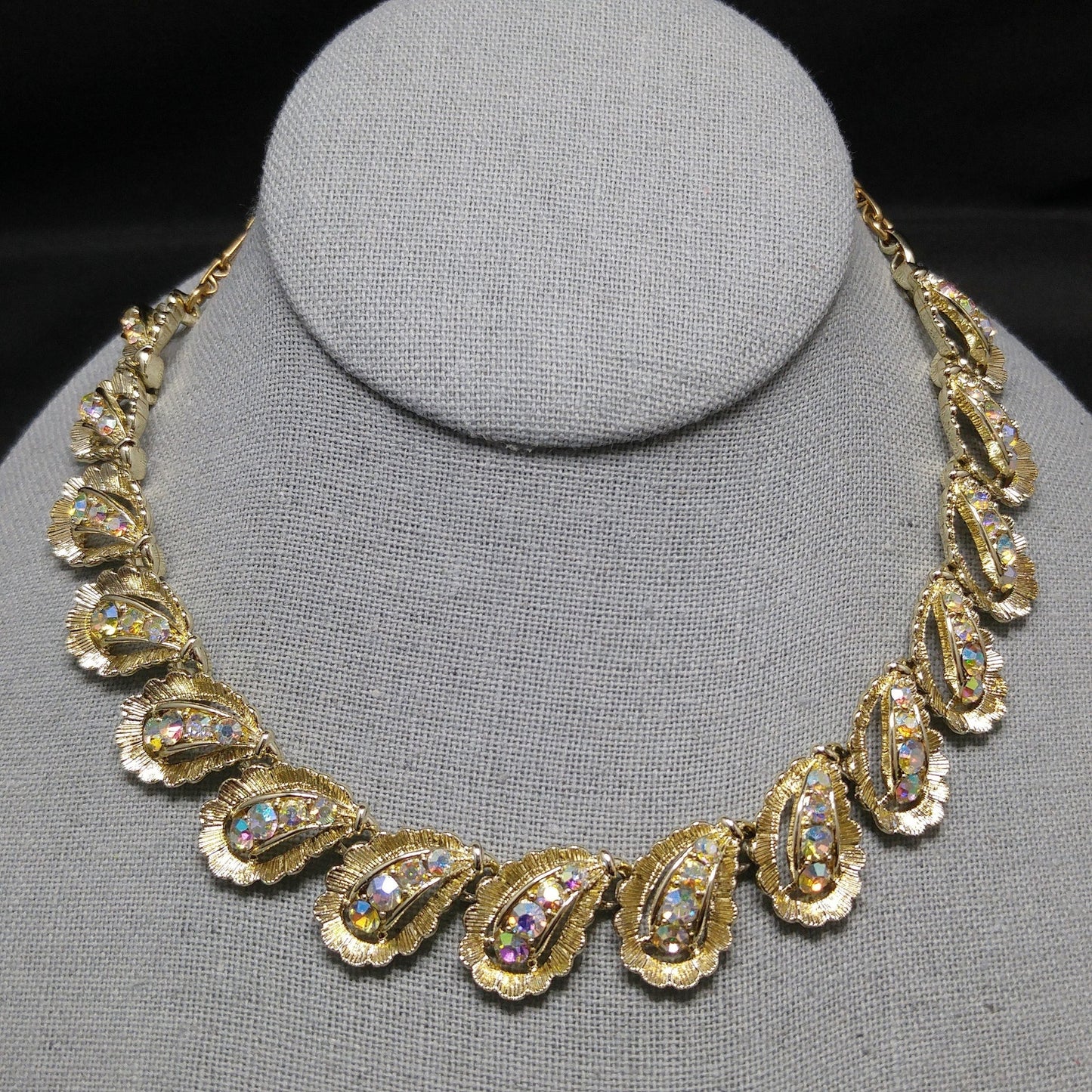 Aurora Borealis Rhinestone Necklace, Gold Plated Choker, 1960s Vintage Jewelry