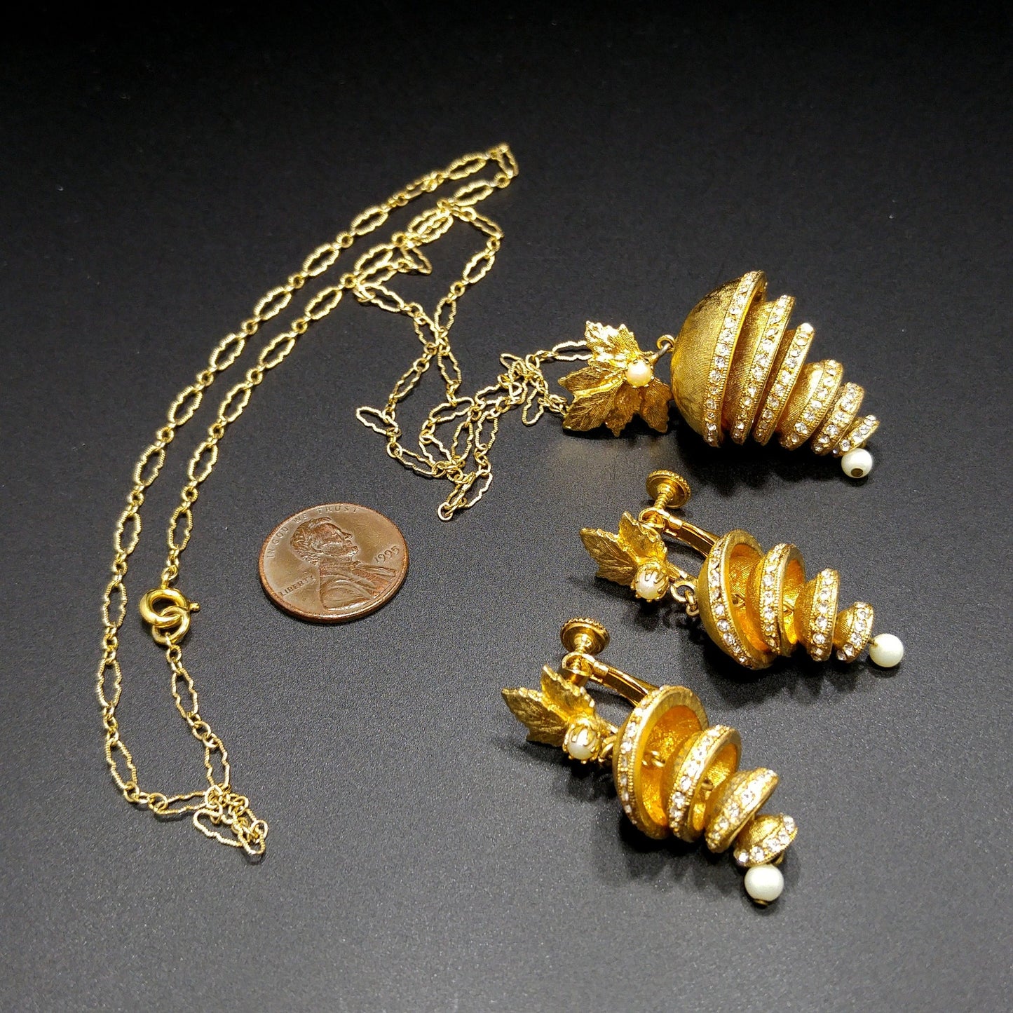 Vendome Articulated Floral Pendant Necklace & Earrings, Pave Rhinestones, Faux Pearls, 1960s Vintage Jewelry