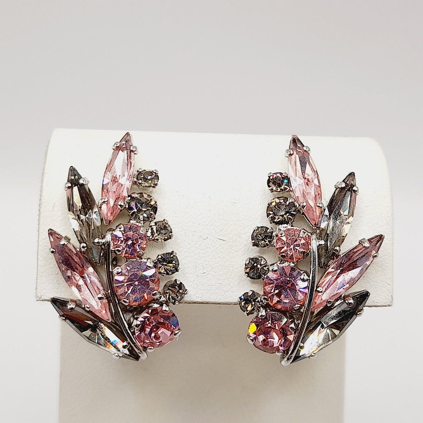 Vintage Sherman Pink Silver Floral Spray Rhodium Plated Clip Earrings
