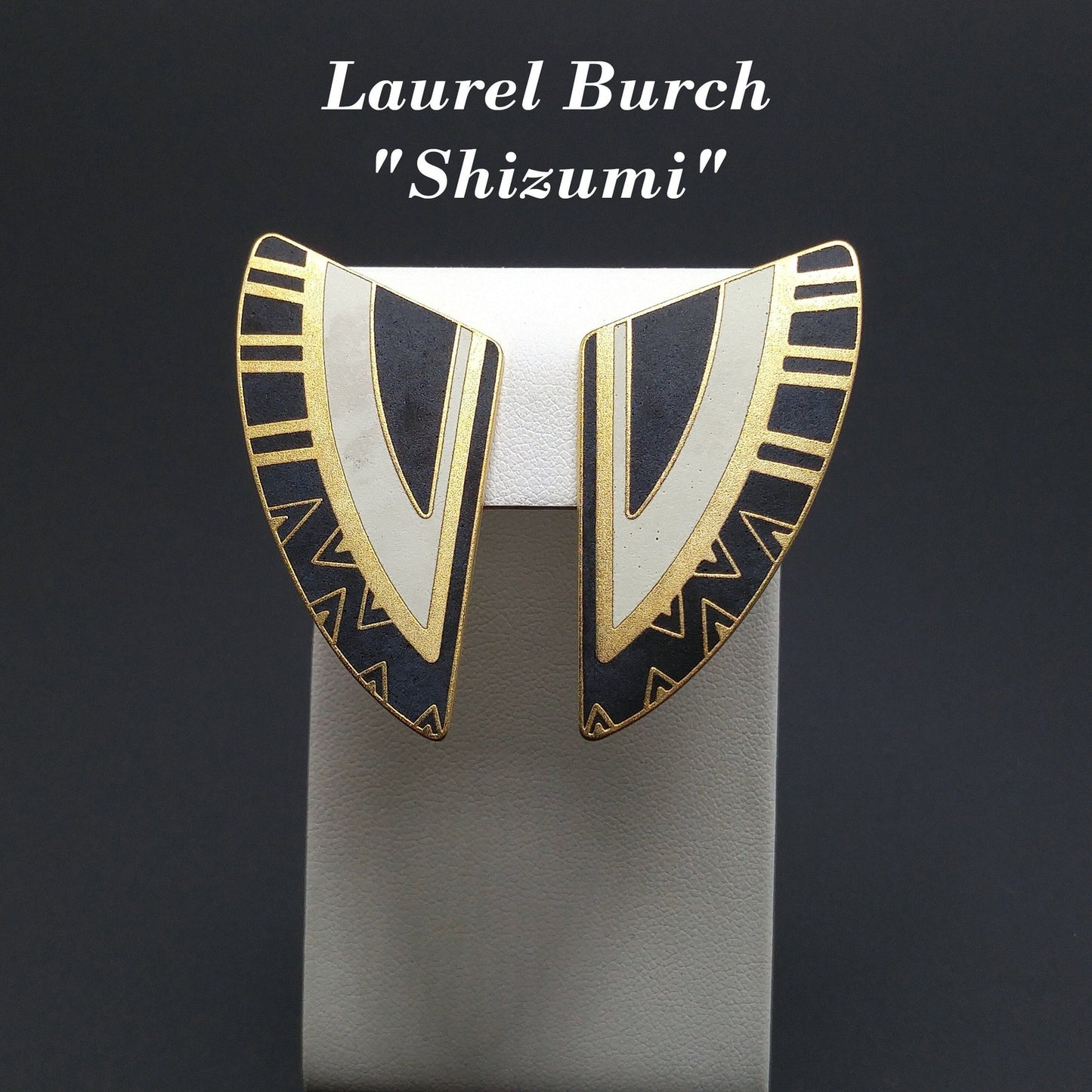Laurel Burch Geometric Large Clip Earrings, Black White Enamel, Gold Plated, 1990s Vintage Jewelry